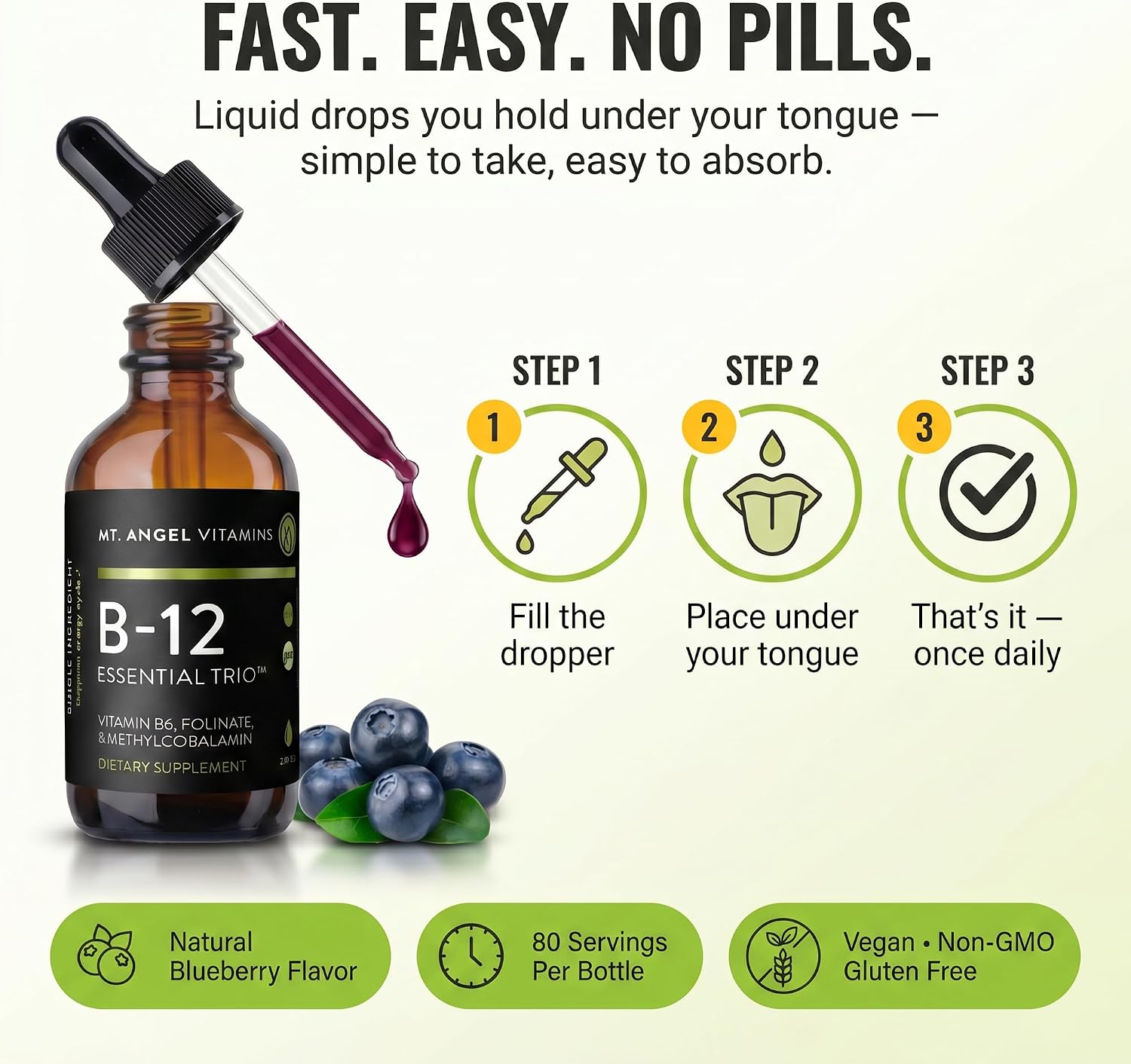Mt. Angel Vitamins - B12 Essential Trio - Vegan Sublingual Drops with High-Potency Methyl B12, B6 & Folate - Easy Absorption Liquid - Non-GMO