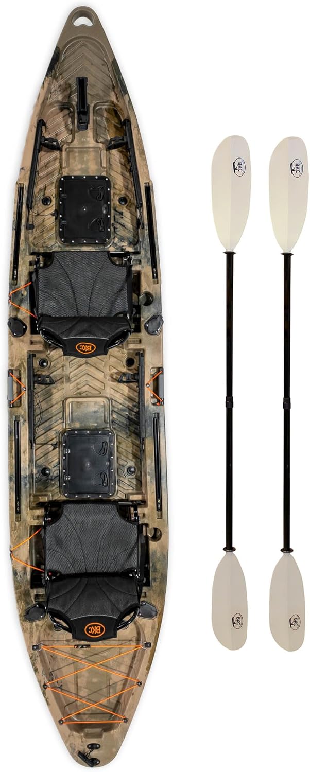BKC Brooklyn 13.0 Pro Tandem Fishing Kayak, 2 to 3 Person | 800 lb capacity, adjustable frame seats, large dry storage, rod holders, stable wide hull, tandem or solo paddling