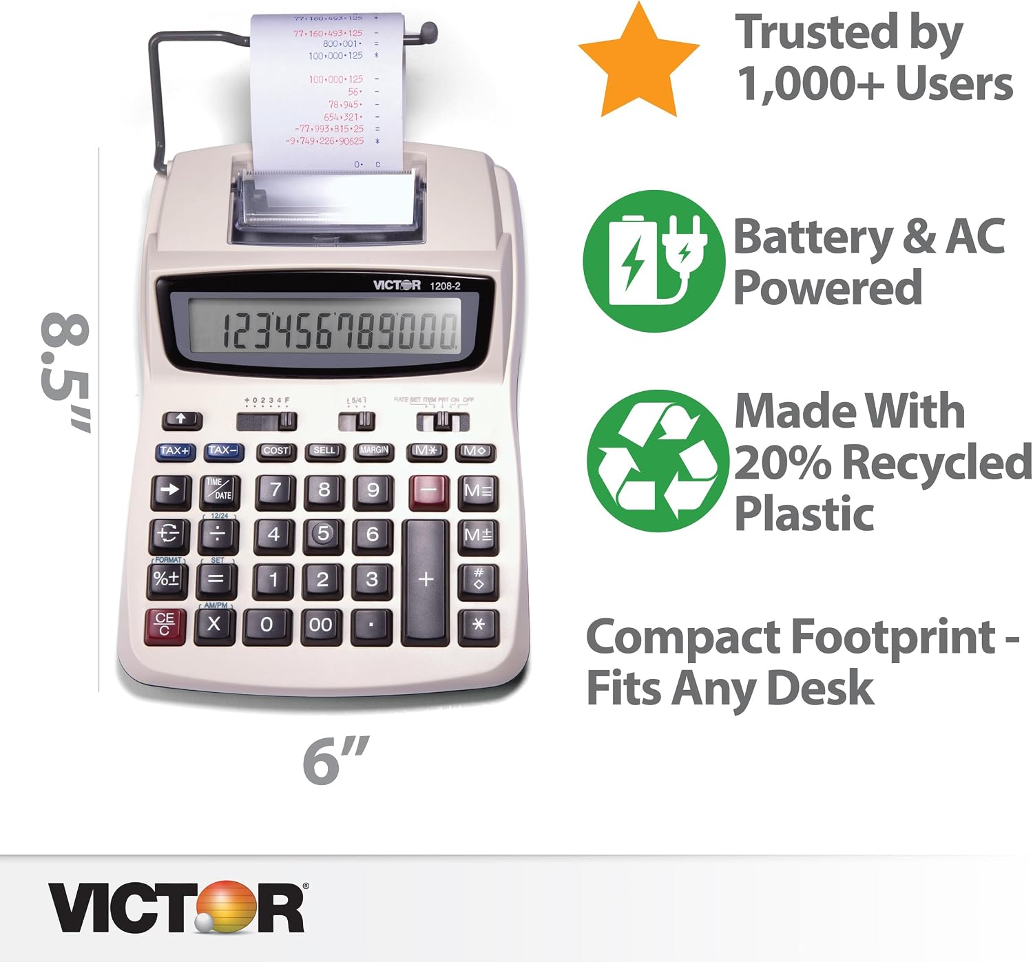 Victor Printing Calculator, 1208-2 Compact and Reliable Adding Machine with 12 Digit LCD Display, Battery or AC Powered, Includes Adapter,White