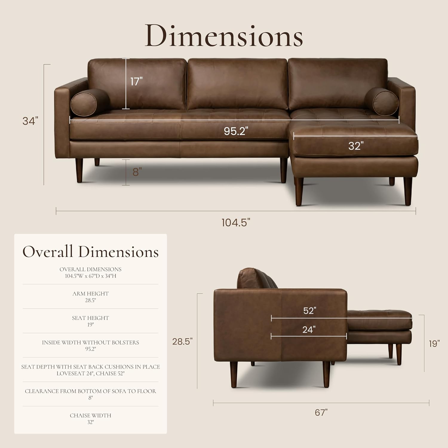 Poly & BARK 55" Tufted Leather Bed Bench for Bedroom End of Bed - Living Room Entry Way Bench - Pure Italian Leather Upholstery with a Solid Wood Frame - Ottoman Bench with Wooden Legs - Cognac Tan