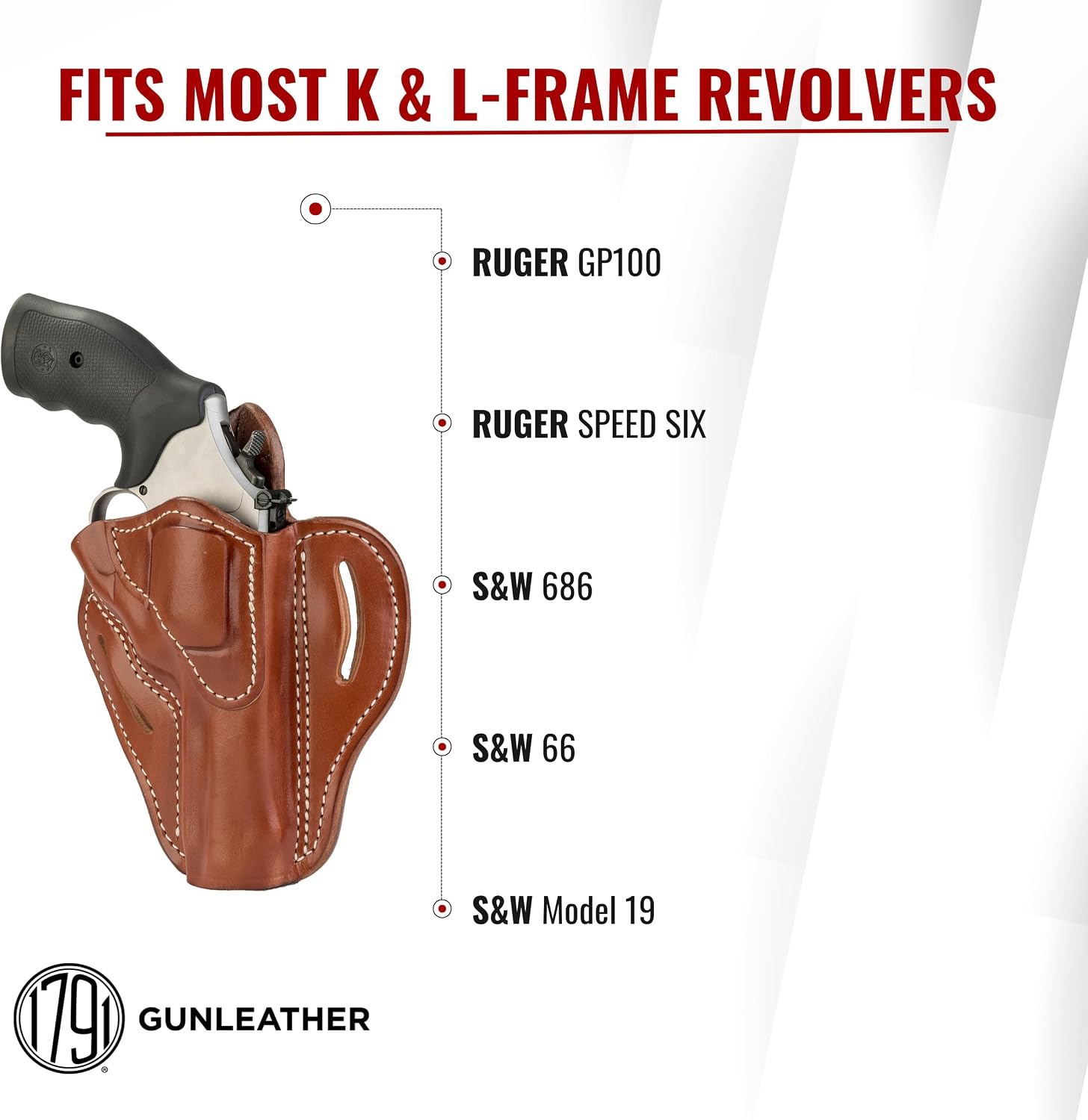 1791 Gunleather OWB K-Frame Holster Fits Ruger GP100, S&W 686, Model 66 | Right-handed leather belt holster also fits S&W 686, Model 66, L-Frame and Ruger Speed Six revolvers