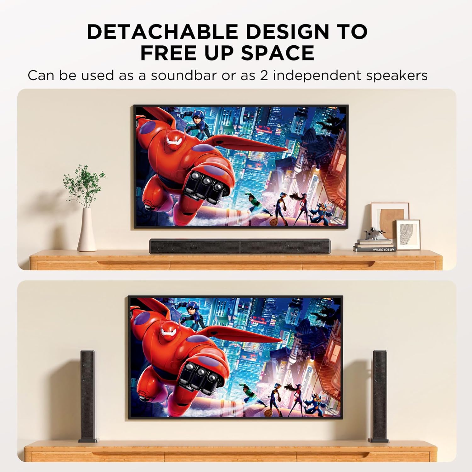 2.0 ch 100W Sound Bar for Smart TV, 2-in-1 Detachable Bluetooth 5.3 Speaker with 3 EQ Modes & Adjustable Bass - Home Theater Audio for Movies, Gaming