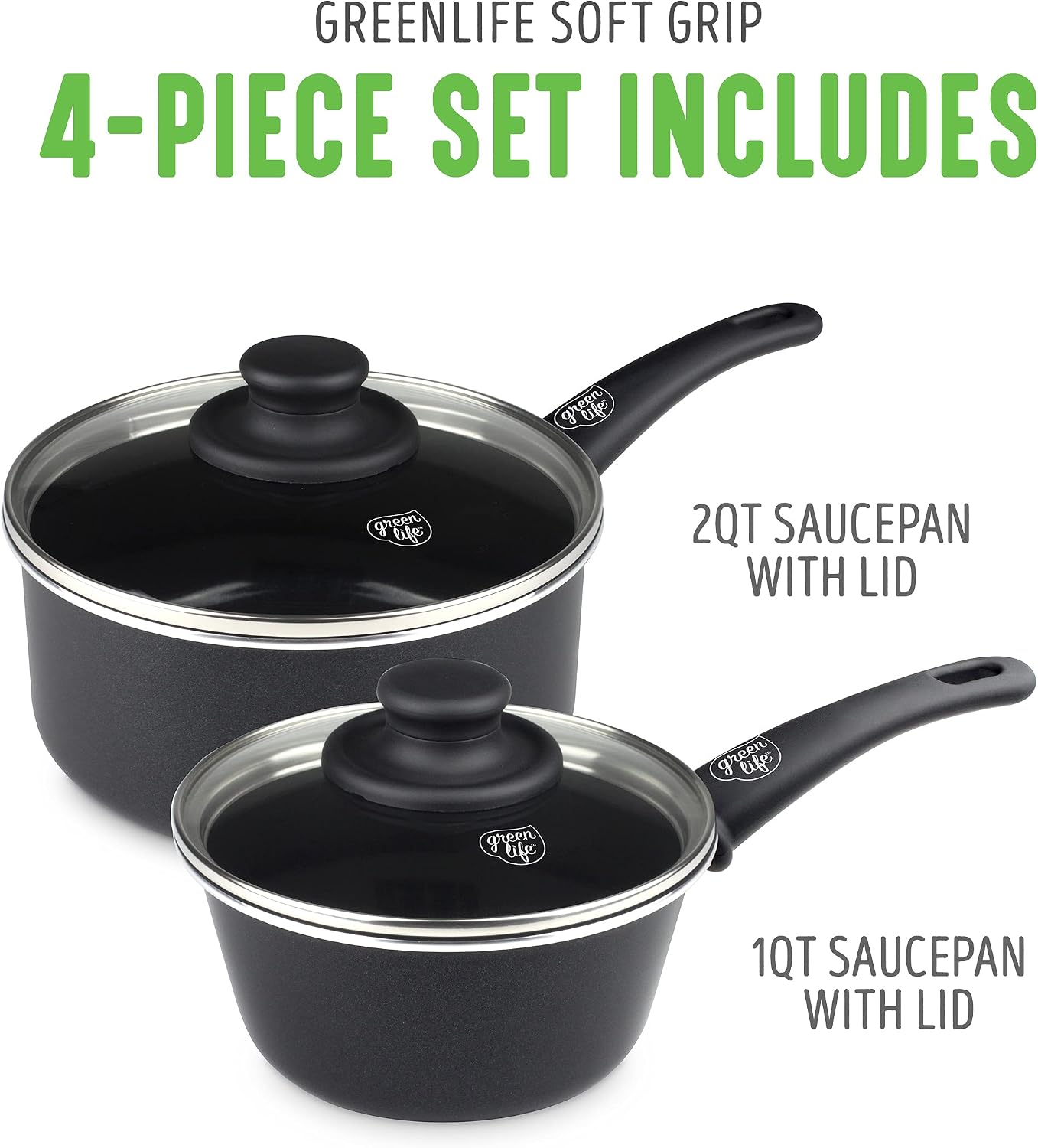 GreenLife Soft Grip 1QT and 2QT Saucepan Set, Healthy Ceramic Nonstick, Non Toxic PFAS & PFOA-Free, Dishwasher Safe, Glass Lids, Stay-Cool Handles, Easy Clean Cookware, Kitchen Essentials, Turquoise