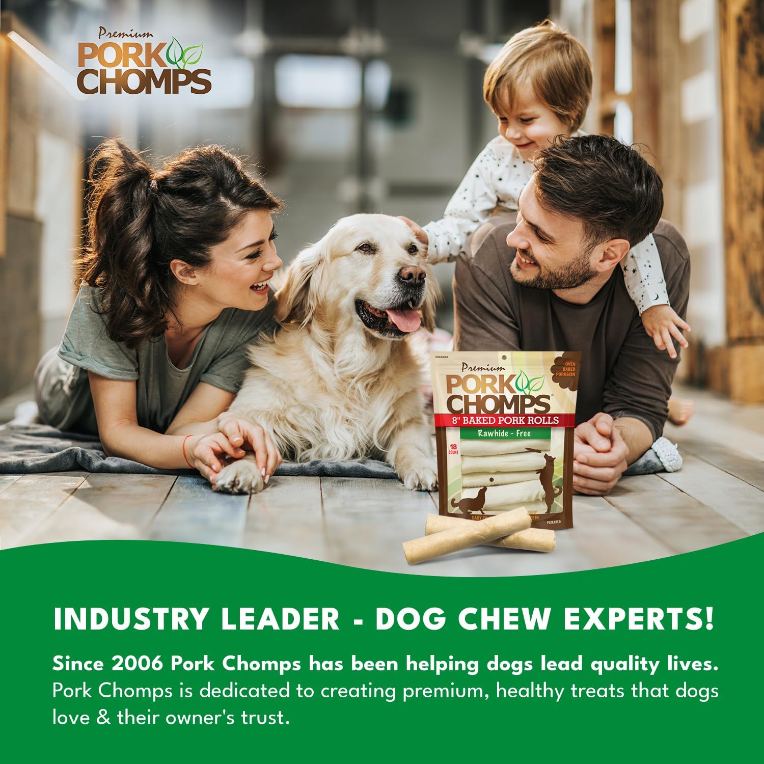 Pork Chomps Rawhide Free Pork Skin Dog Chews, Chicken Wrap, 8in Rolls, 2ct