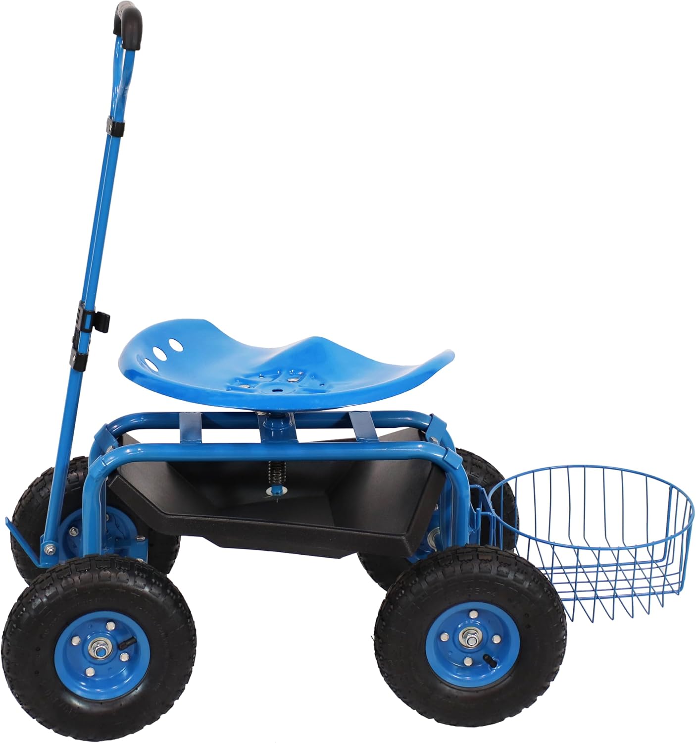 Sunnydaze Garden Cart with Wheels and Extendable Handle, Blue | Steel Rolling Gardening Seat with Utility Tray, and Basket for Storage, Rotating, Swiveling Motion