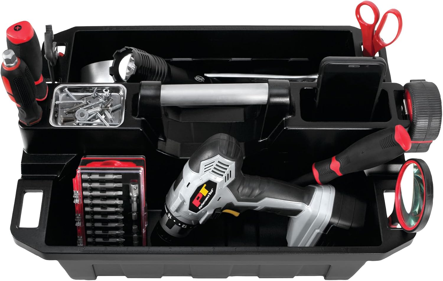 Performance Tool W54026 26 in. Steel Tool Box with Removable Tote | Heavy duty steel storage box and organizer. Recessed ergonomic comfort handle. Strong double latch with padlock eyehole