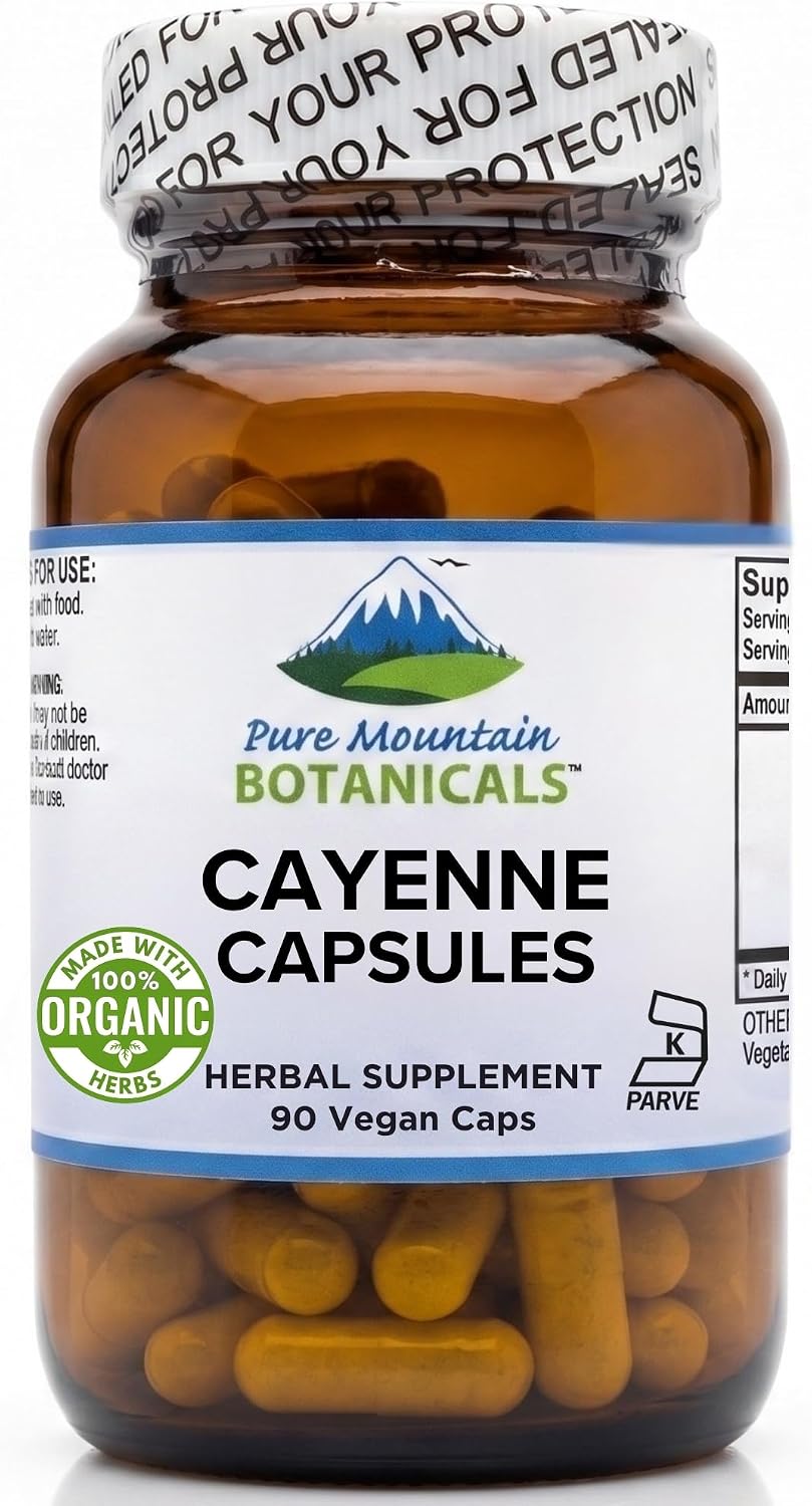 Pure Mountain Botanicals Cayenne Pepper Capsules - 500mg Organic, 90 Ct | Vegan, Kosher Certified, Gluten-Free, Capsaicin 40000-60000 HU