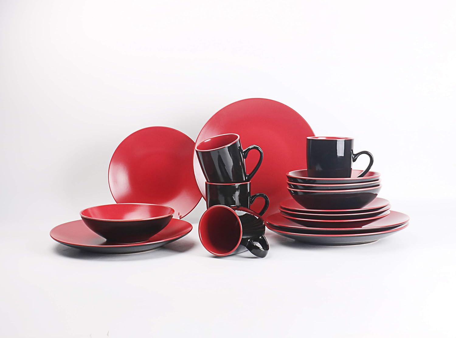 Stoneware Two-Tone Colors Life 16pc Dinner Set，Outside Shiny Black + Inside Matte Glaze Olive