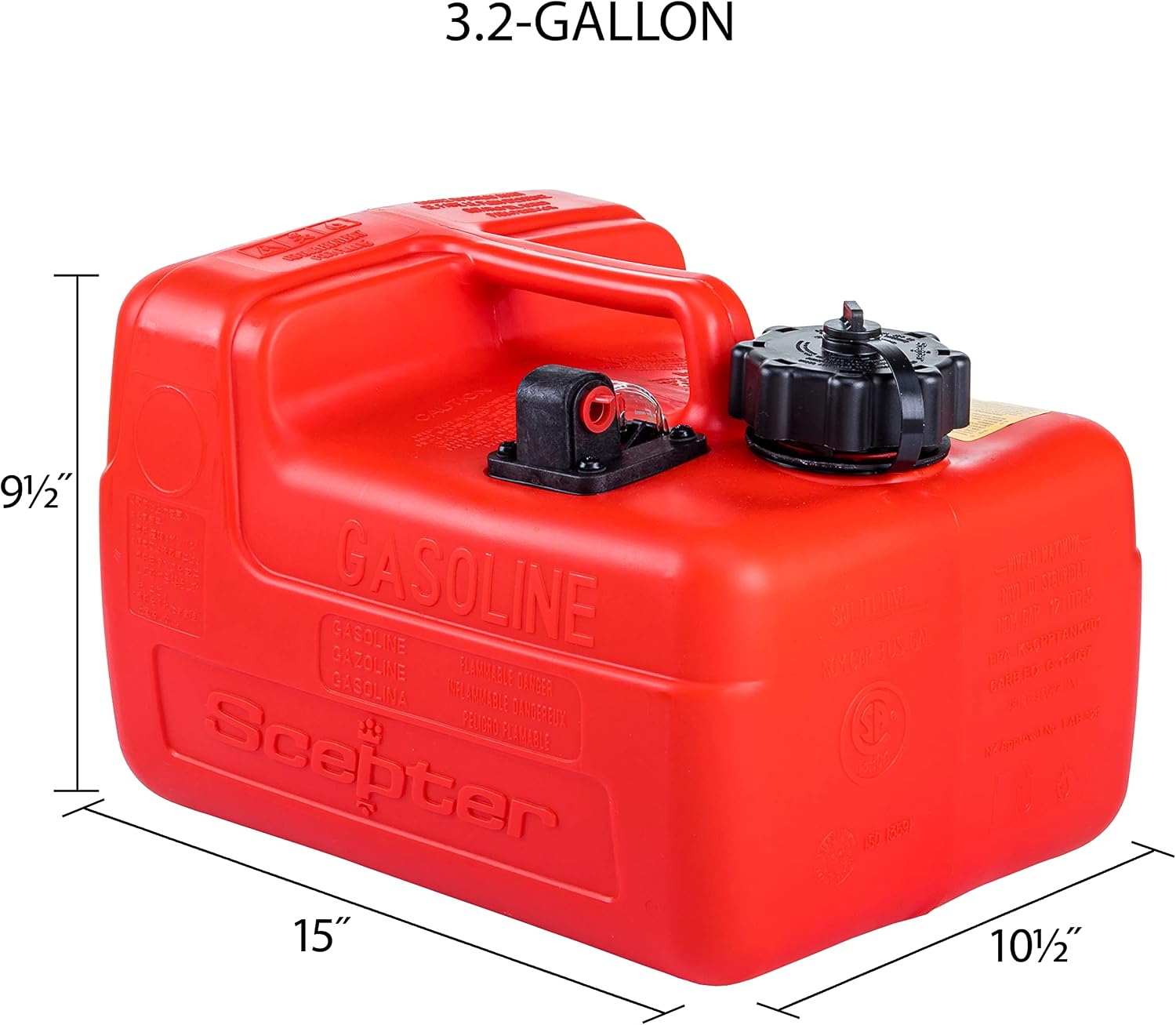 Scepter 3.2 Gallon Portable Marine Gas Can, Boat Fuel Tank with Top Handle | Underseat Design, 2-Way Vented Cap, Built-In Fuel Gauge and Pick-Up, EPA & CARB Compliant, 14"L x 10.5"W x 9"H (08576)