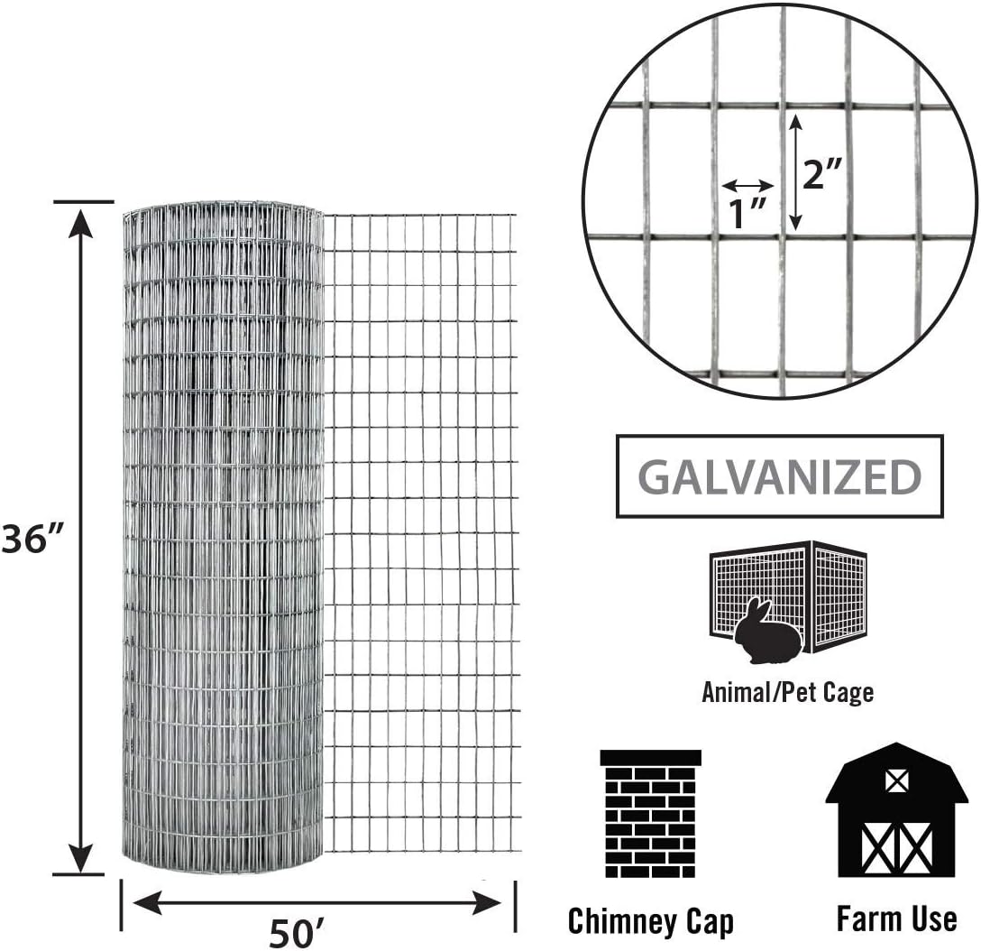 Garden Zone 36 Inches x 25 Feet - 1 x 2-Inch Openings, 14-Gauge - Galvanized Welded Wire Fencing - For Cages and Fencing for Rabbits, Gardens, Cattle Panels