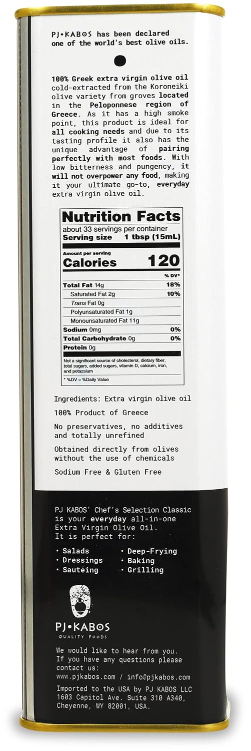 P.J. KABOS 2025/26 Harvest, Everyday Greek Extra Virgin Olive Oil, Kosher, Greece, Cold Extracted, 16.9 oz Tin, Koroneiki