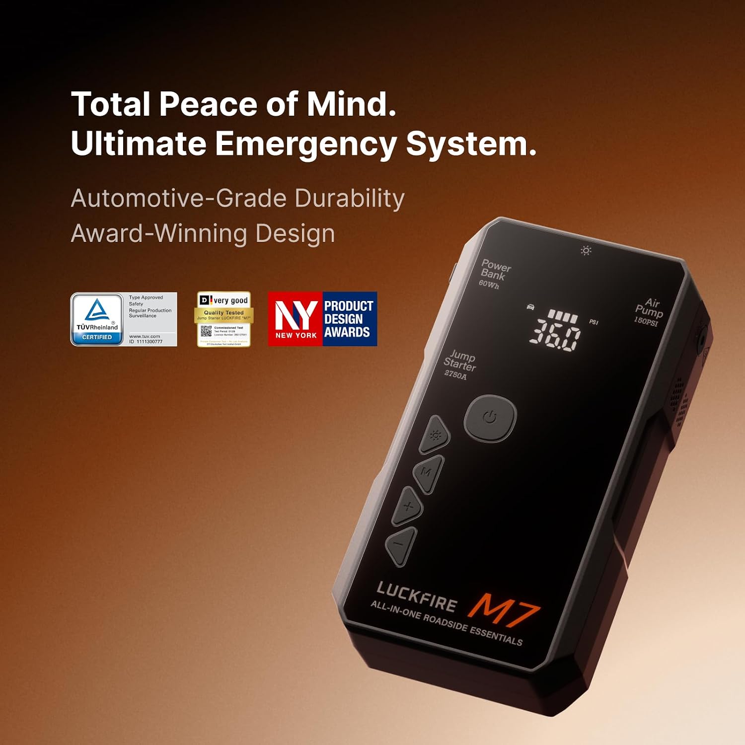 M7 SmartIgnition Jump Starter with Air Compressor, TÜV Certified 12V Car Battery Booster Pack, Portable Tire Inflator, Jump Box, 60Wh Power Bank