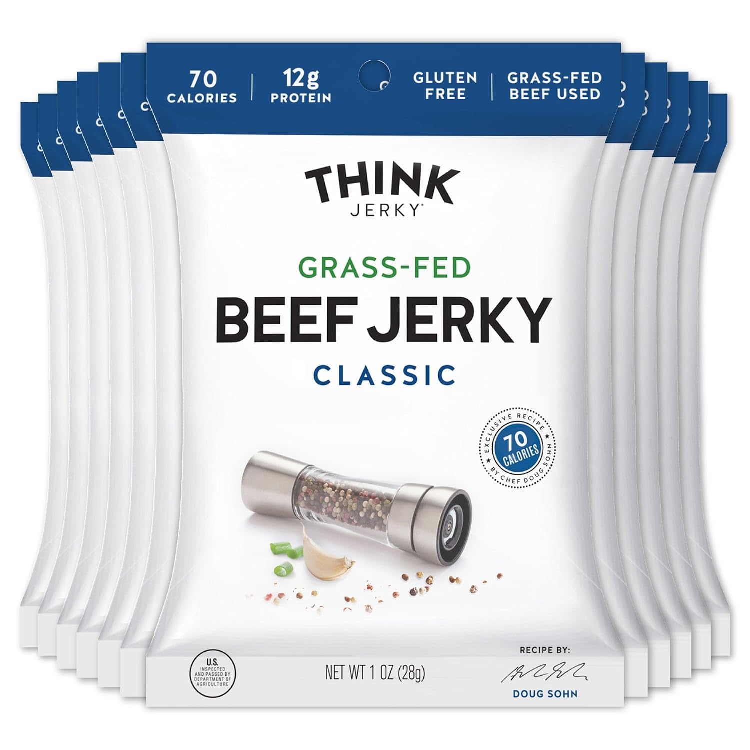 Think Jerky Sesame Teriyaki Beef Jerky, Grass-Fed High Protein Beef Jerky, Gluten Free, No Antibiotics or Nitrates, Healthy Chef Crafted Recipe, Low Calorie and Low Fat - 2.2 oz Bags, 4 Pack