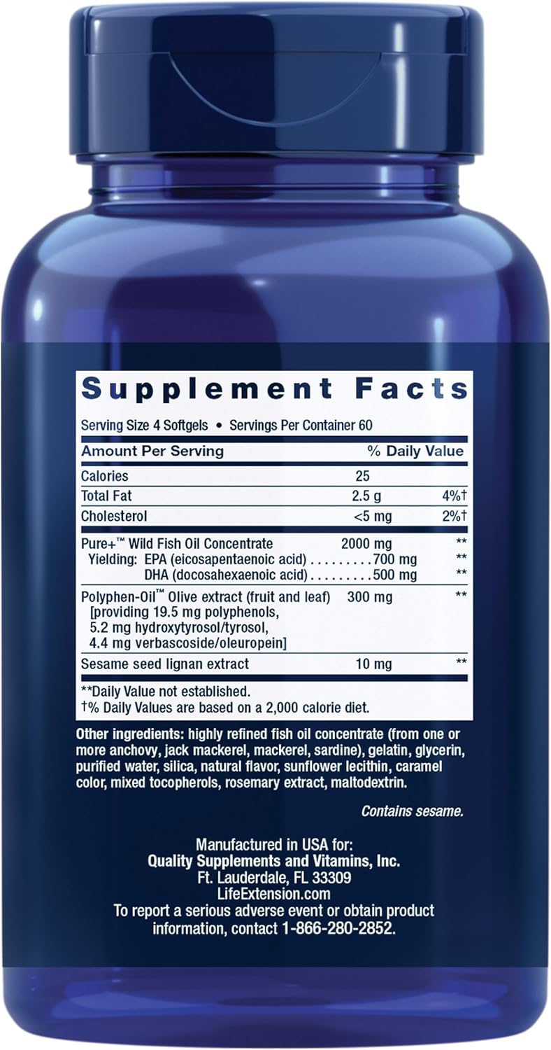 Life Extension Super Omega-3 EPA/DHA Fish Oil, Sesame Lignans & Olive Extract – Heart Health, Brain Health, Inflammation Health Support, Gluten-Free, Easy to Swallow, Non-GMO, 240 Softgels