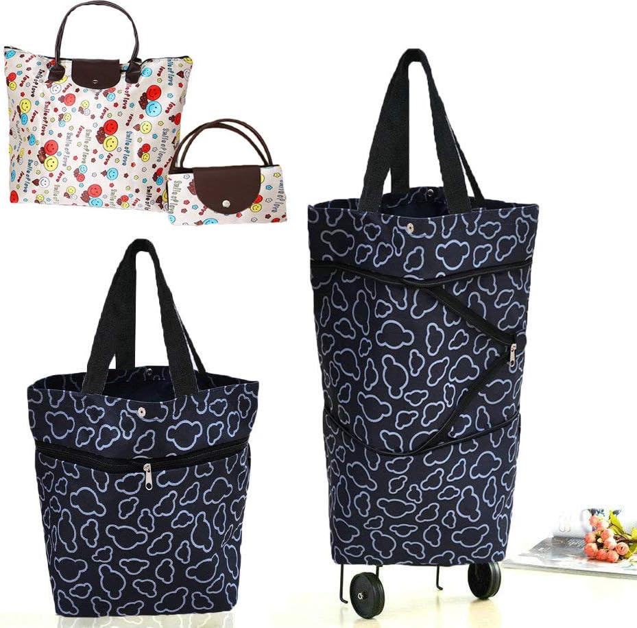Collapsible Shopping Bag with Wheels Portable Shopping Cart with 360° Swivel Wheels Rolling Tote Bag Reusable Grocery Bag Trolley Bag on Wheels for Travel Shopping and Daily Use(Blue)