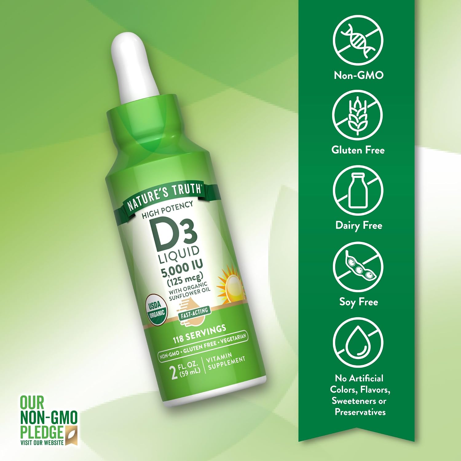 Nature's Truth Vitamin D3 Liquid | 5000 IU | 2 fl oz | Non-GMO and Gluten Free Supplement | Non-GMO and Gluten Free Supplement