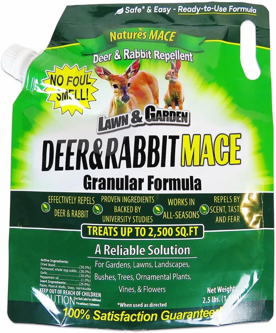 Nature's MACE Deer & Rabbit Repellent 25 lb Granules | Covers 25,000 Sq Ft, Repel Deer from Your Home & Garden, Deterrent, Safe to use Around Children, Plants, Produce.