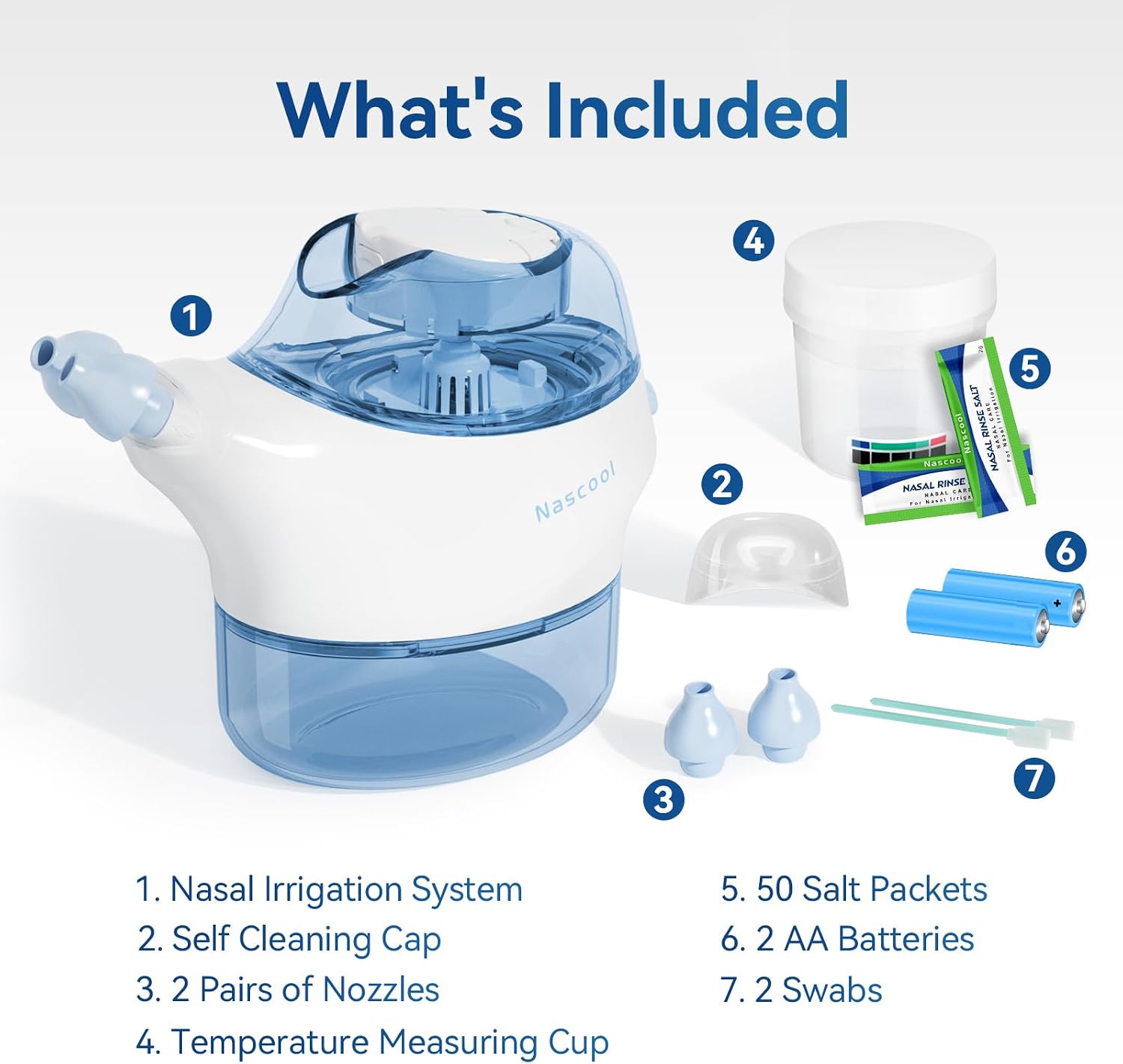 Nascool Electric Nasal Irrigation System with 50 Salt Packets Sinus Rinse | Auto Self-Cleaning, Pressure Relief & Waste Water Collection