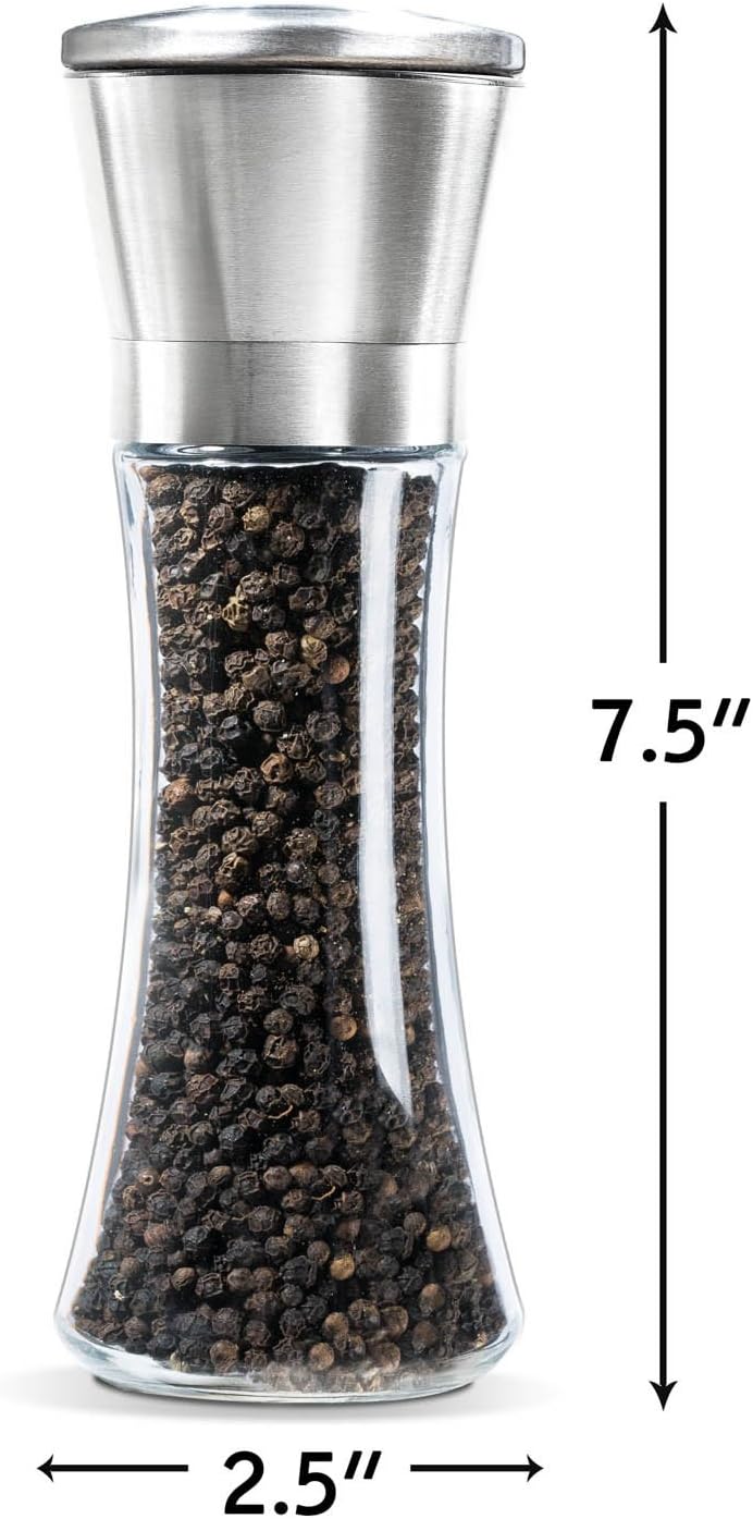 Levav Premium Salt and Pepper Grinder Set of 2- Brushed Stainless Steel Pepper Mill and Salt Mil, Glass Body