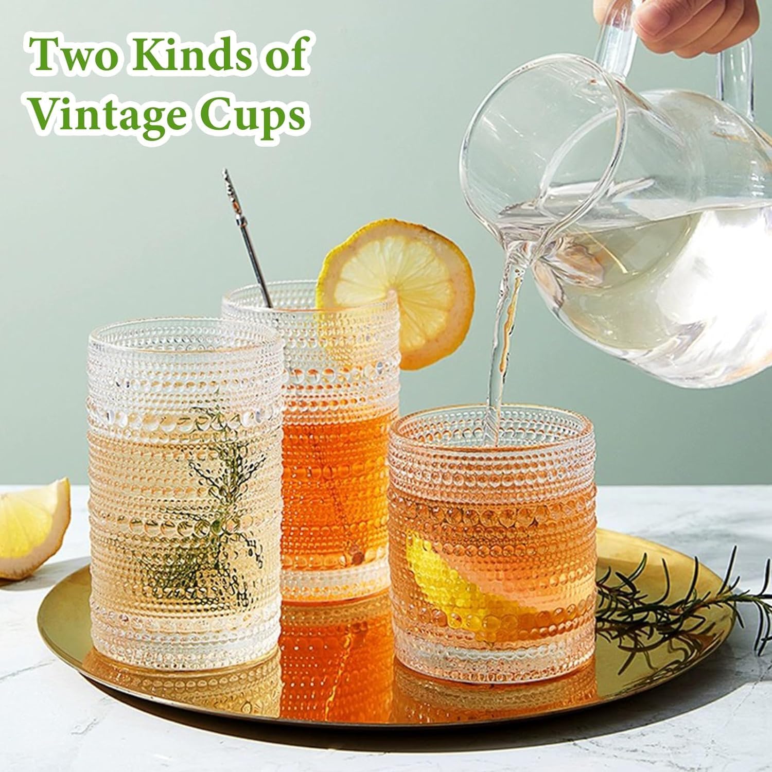 Hlukana Vintage Hobnail Drinking Glasses Set of 8, 12 oz Highball Glasses & 10 oz Cocktail Glasses Set, Kitchen Water Glasses Cup