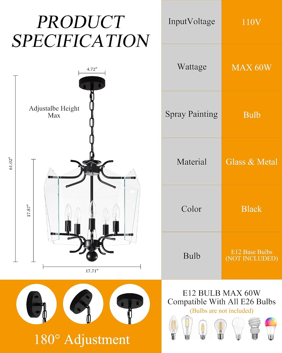 Mid Century Glass Chandelier, Retro Black Chandelier Pendant Light | Height Adjustable, 5-Light E12