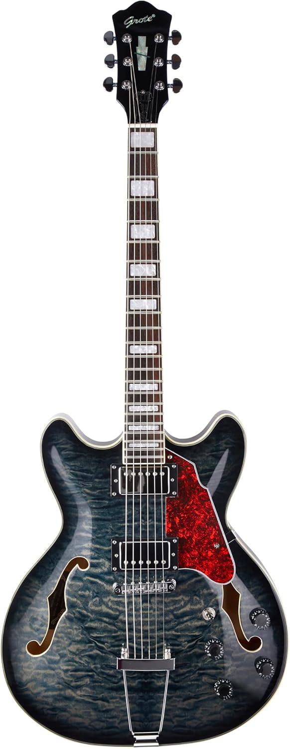 GROTE Jazz Electric Guitar Semi-Hollow Body Trapeze Tailpiece Bridge Guitar Gig Bag (RED)