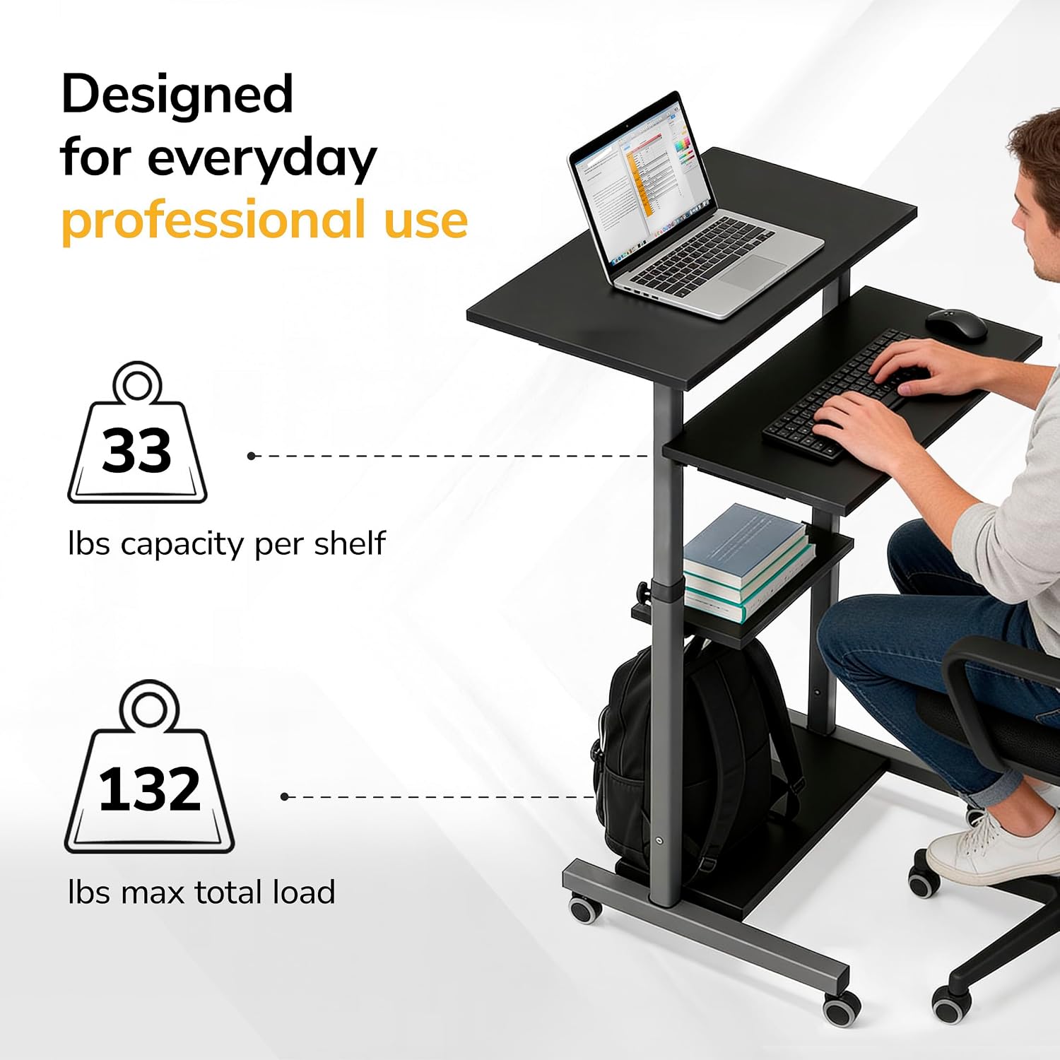 Mount-It! Black Rolling Standing Desk, Adjustable Height up to 54.7", Portable Laptop Podium Desk on Wheels, Mobile Computer Workstation with 4 Shelves 27.5" Wide, Cart for Home Office or Classroom