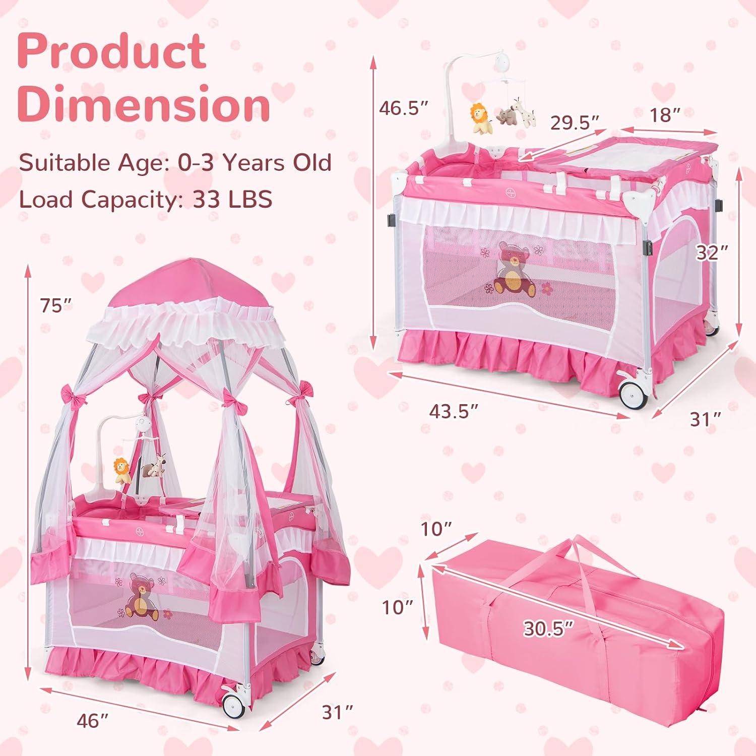 HONEY JOY 4-in-1 Pack and Play with Canopy, Portable Baby Playard w/Changing Table and Infant Bassinet Cute Toys & Music
