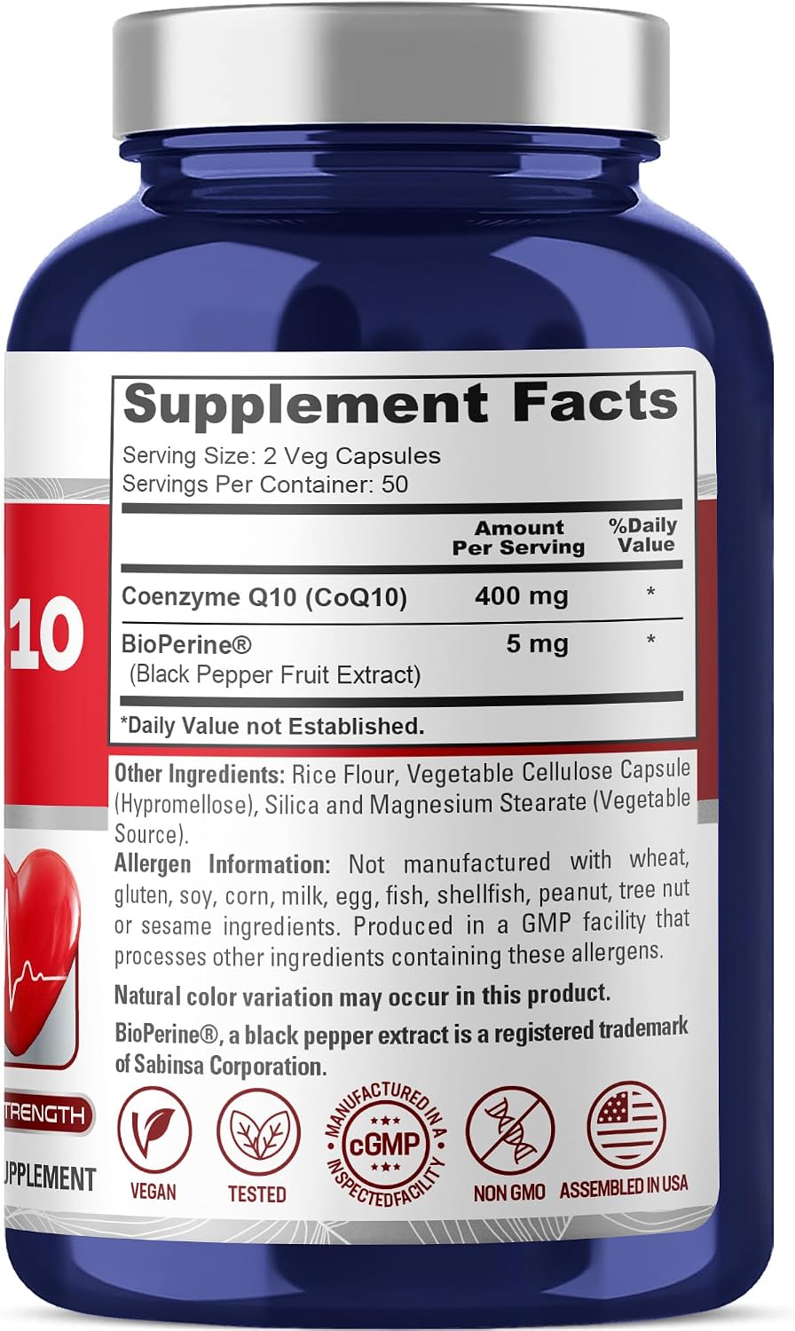NusaPure CoQ10 400mg, Non-GMO, Vegan, 100 Veggie Capsules - 50 Servings
