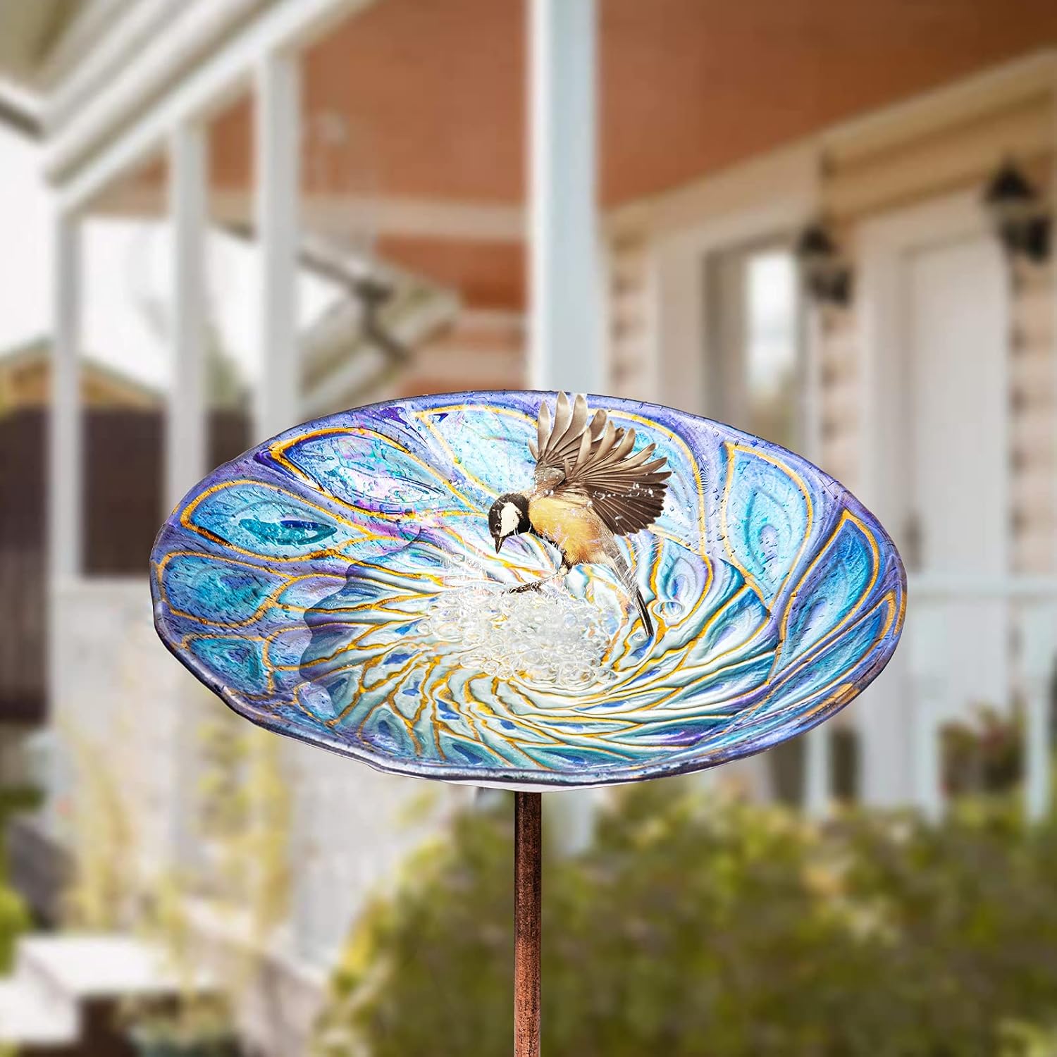 VCUTEKA Glass Bird Bath Outdoor BirdBath Garden Birdfeeder with Metal Stake