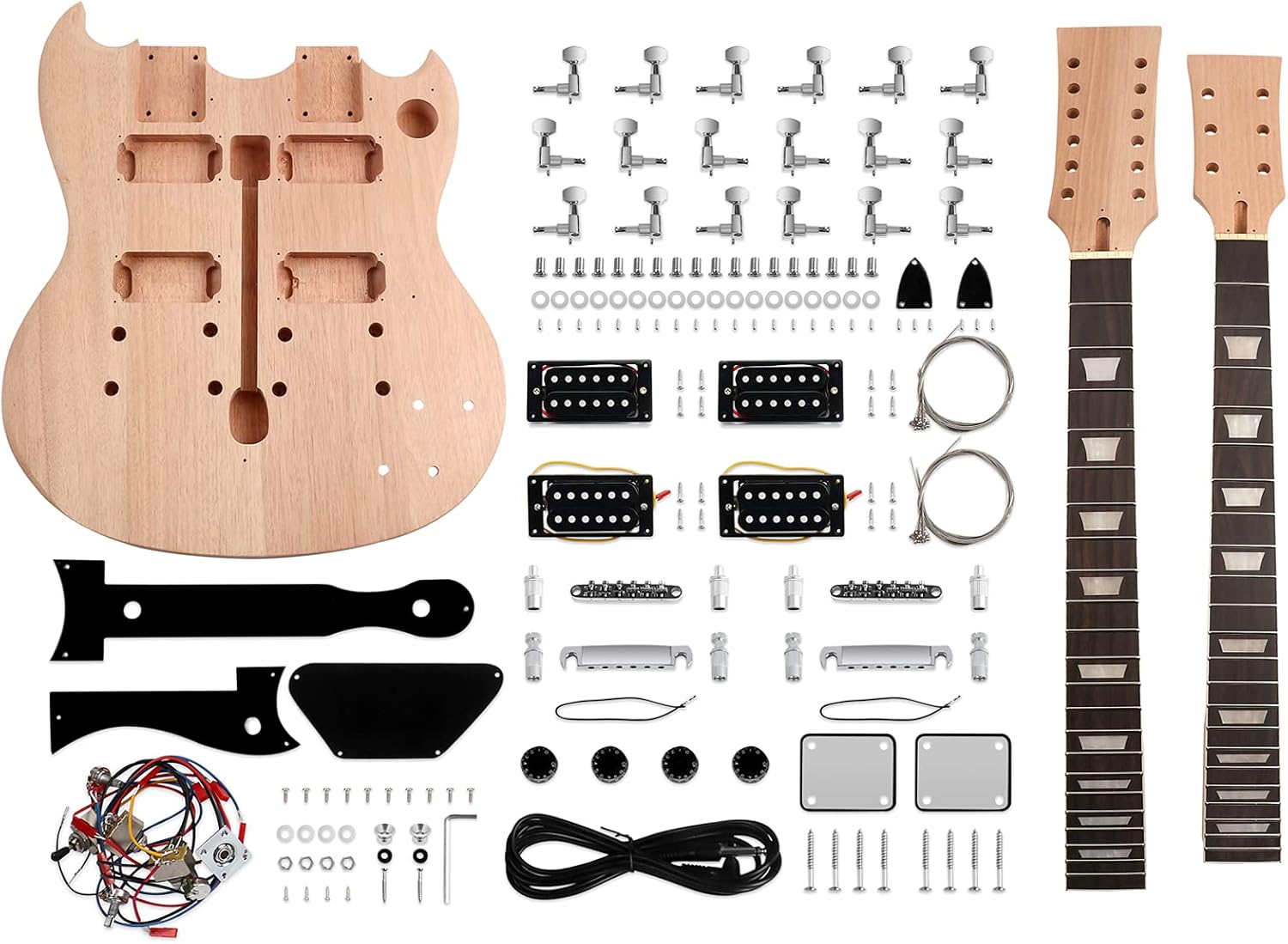 DIY Electric Guitar Kit Double Neck 12 String Beginner Guitar Kit | Mahogany Body, Mahogany Neck, Rosewood Fretboard, Right Handed, Chrome Hardware
