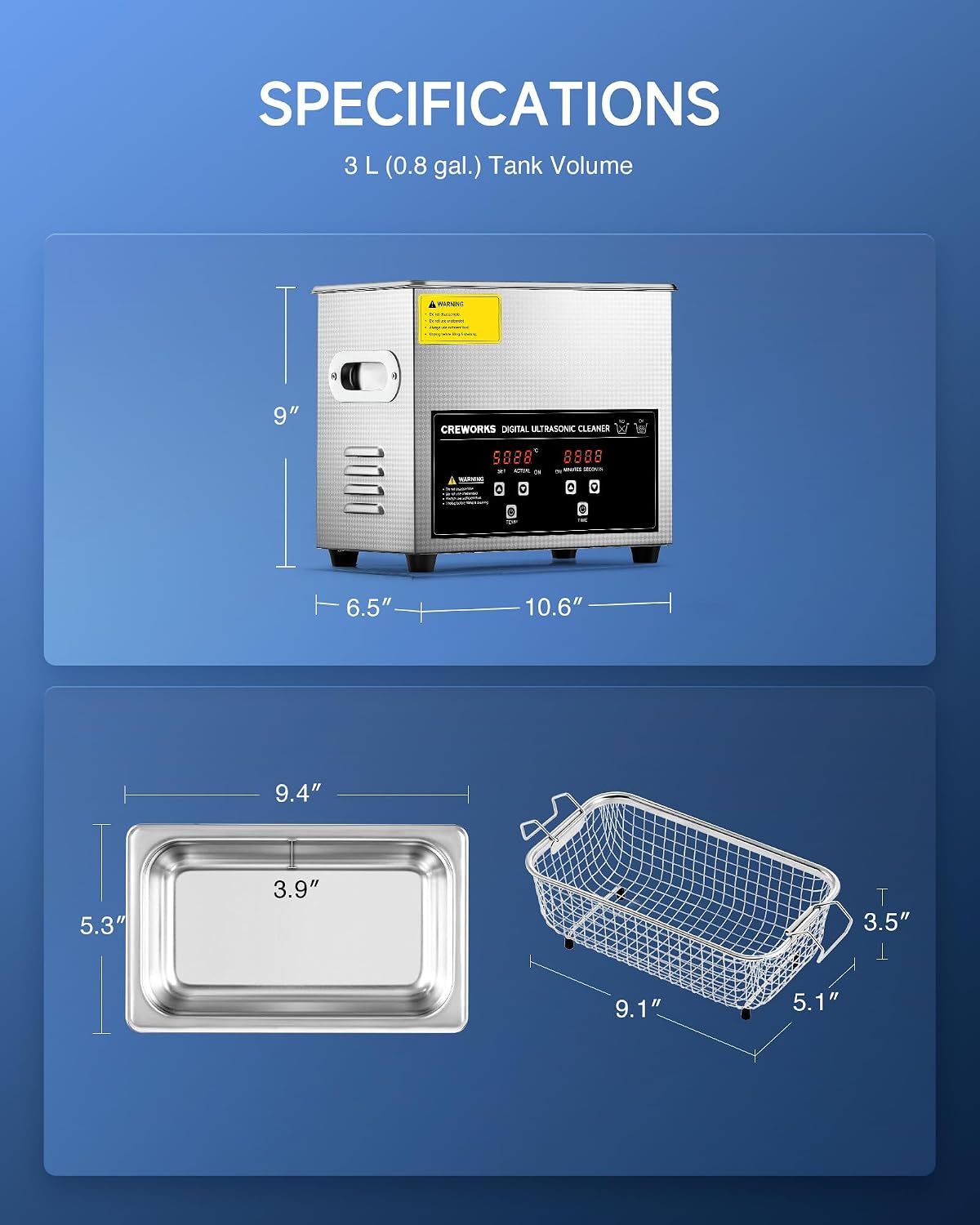 CREWORKS 3L Ultrasonic Cleaner, 0.8 gal Digital Sonic Cavitation Machine | 120W Stainless Steel Professional Jewelry Cleaner for Cleaning Tool Watch Glasses Retainer Denture Parts with Heater & Timer