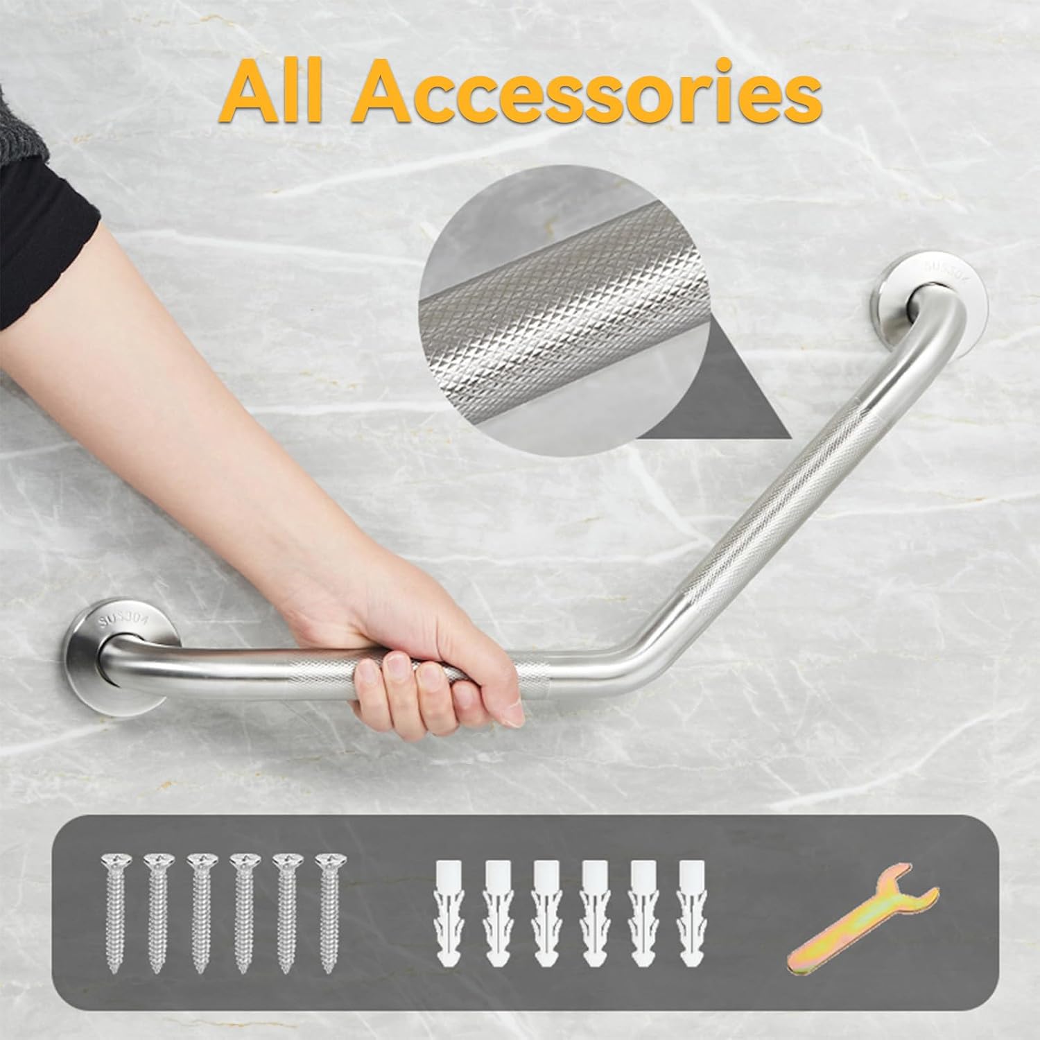 20 Inch Bathroom Grab Bar, Satin Brushed Nickel Angled Grab Bar with Anti-Slip Knurled Grip, Stainless Steel Bath Balance Bar, 1.0" Tube Safety Hand Rail Support, Handicap Elderly Assist Bath Handle