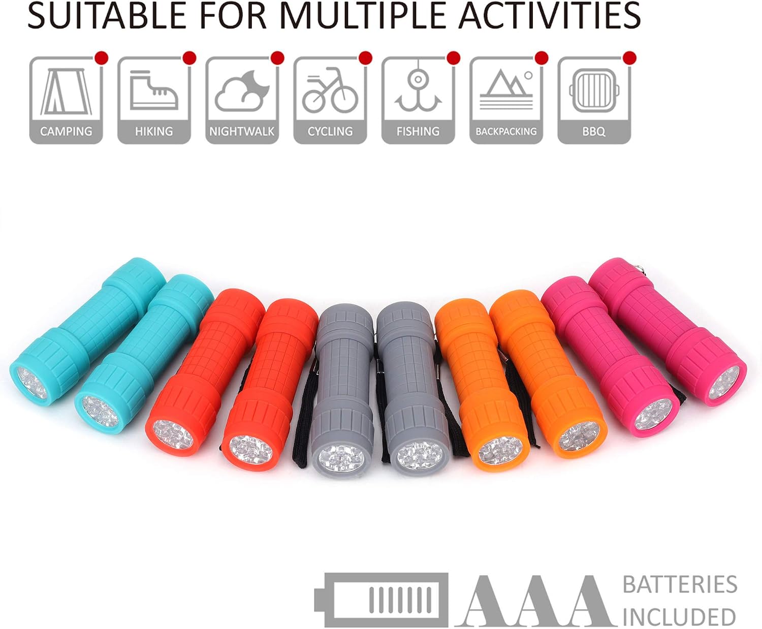 FASTPRO 10-Pack 9-LED Mini Flashlight Set with AAA Batteries Included | Small FLashlights with Lanyard, For Class Teaching, Camping, Wedding Favor