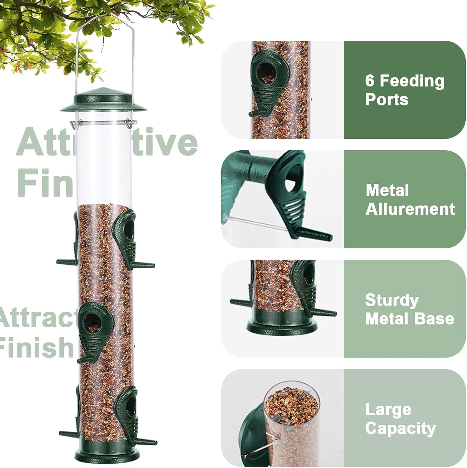 MIXXIDEA 1PK Metal Bird Feeders with 6 Feeding Ports, Tube Bird Feeder with Steel Hanger, Hard Plastic Wild Bird Feeder for Outdoors Hanging