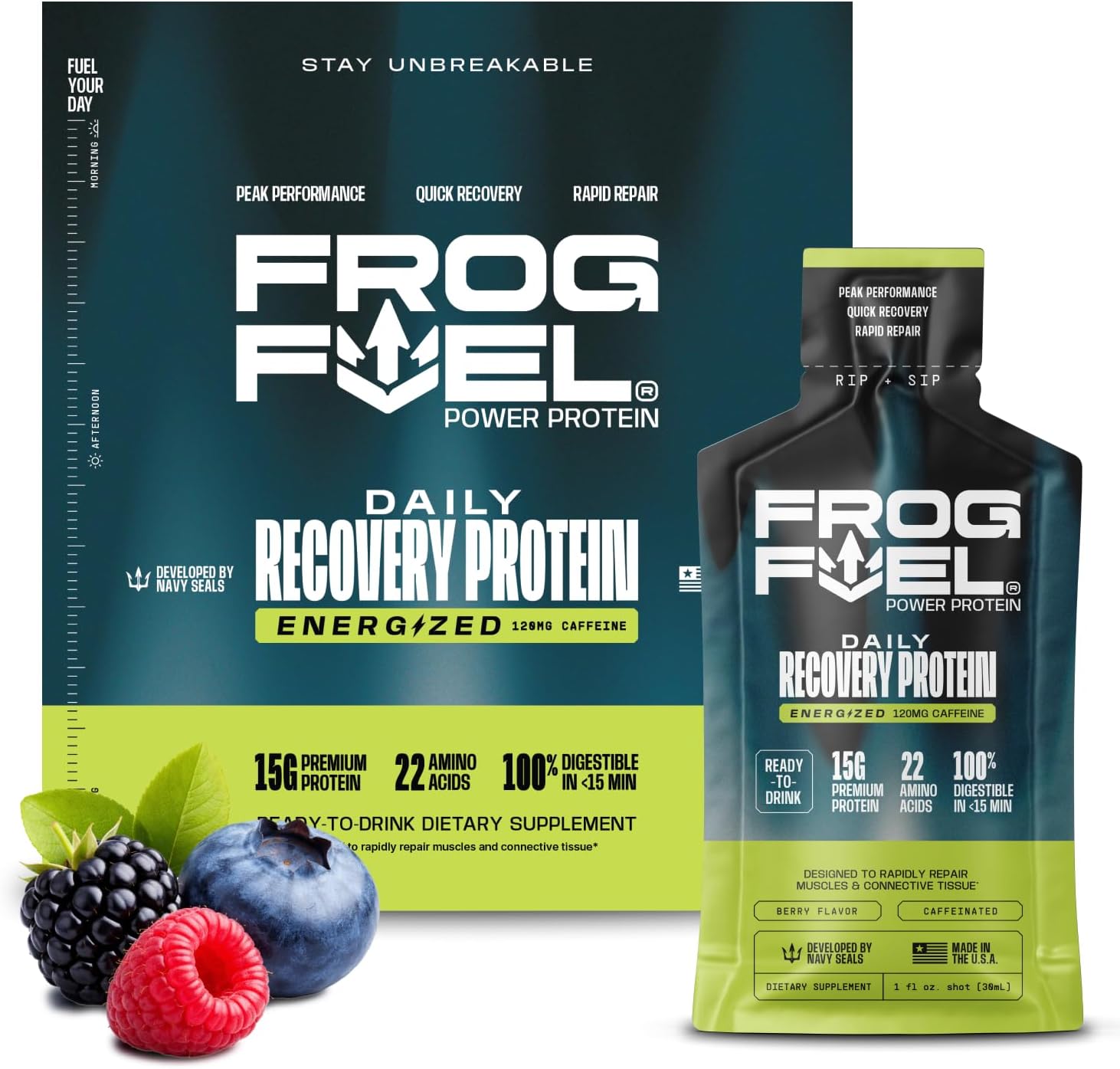 Frog Fuel Power Liquid Protein Shot, 15g Protein, Berry, 24 pk | Nano Hydrolyzed Grass Fed Collagen, Post Workout, 22 Amino Acids, Sugar & Fat Free, Gluten Free, 0 Carbs, 1 oz Shots
