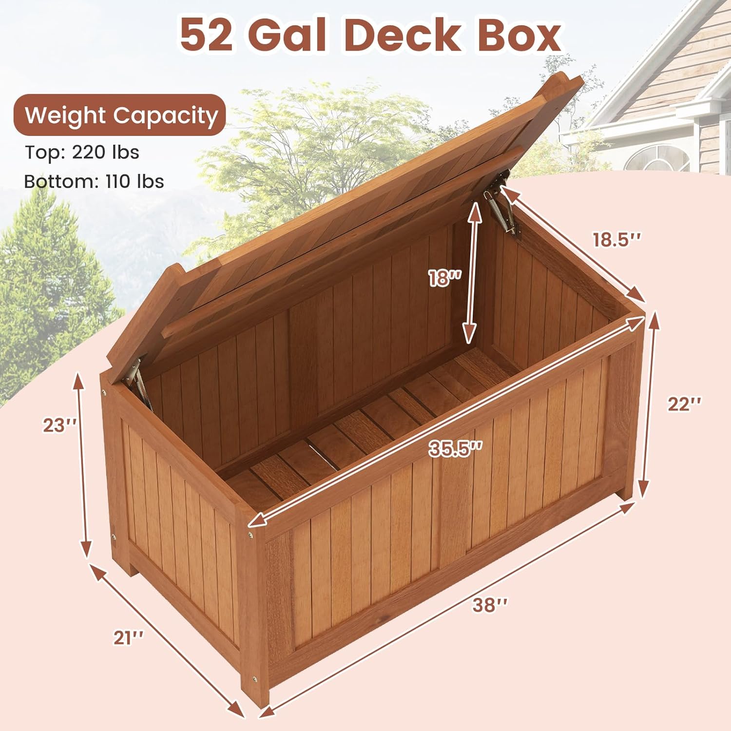 Tangkula 46 Gallon Acacia Wood Deck Box, Garden Backyard Storage Bench, Outdoor Storage Container for Patio Furniture Cushions and Gardening Tools