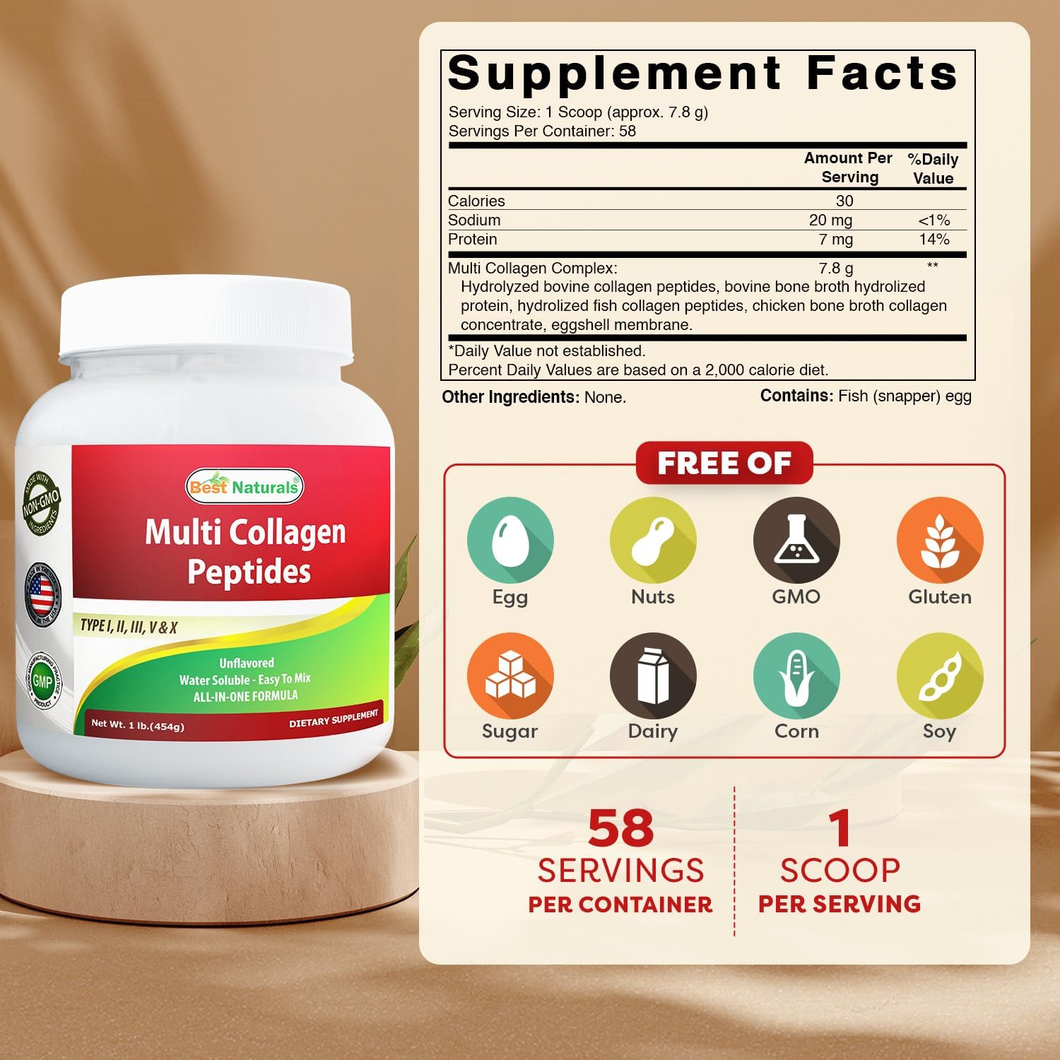 Best Naturals Multiple Collagen Peptides Protein Type I, II III