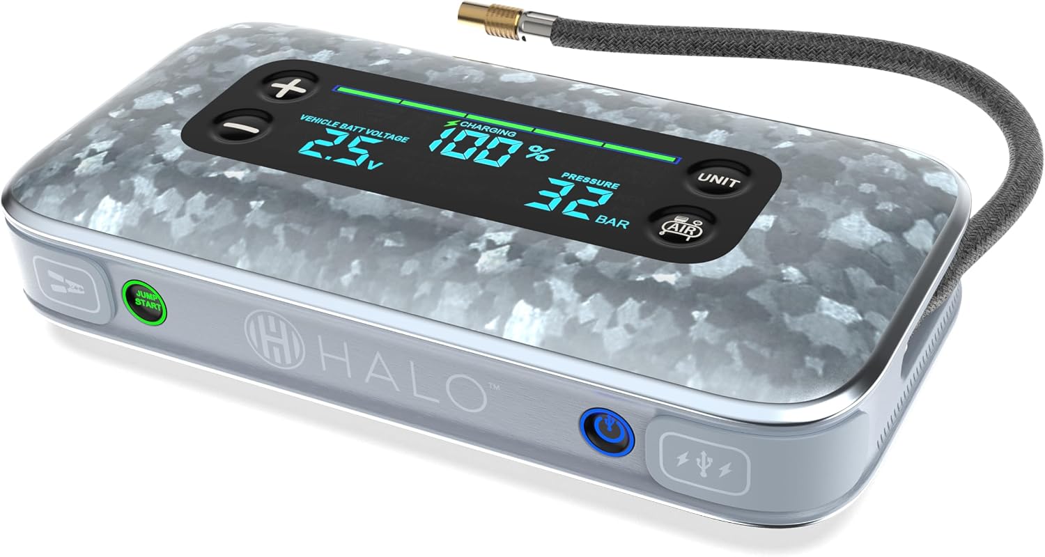 HALO BOLT AIR+ 1750A Jump Starter, AIR Compressor, Power Bank, Blue | 130 PSI air compressor, 59.9Wh power bank, large display, LED light. Jumps cars, SUVs & trucks