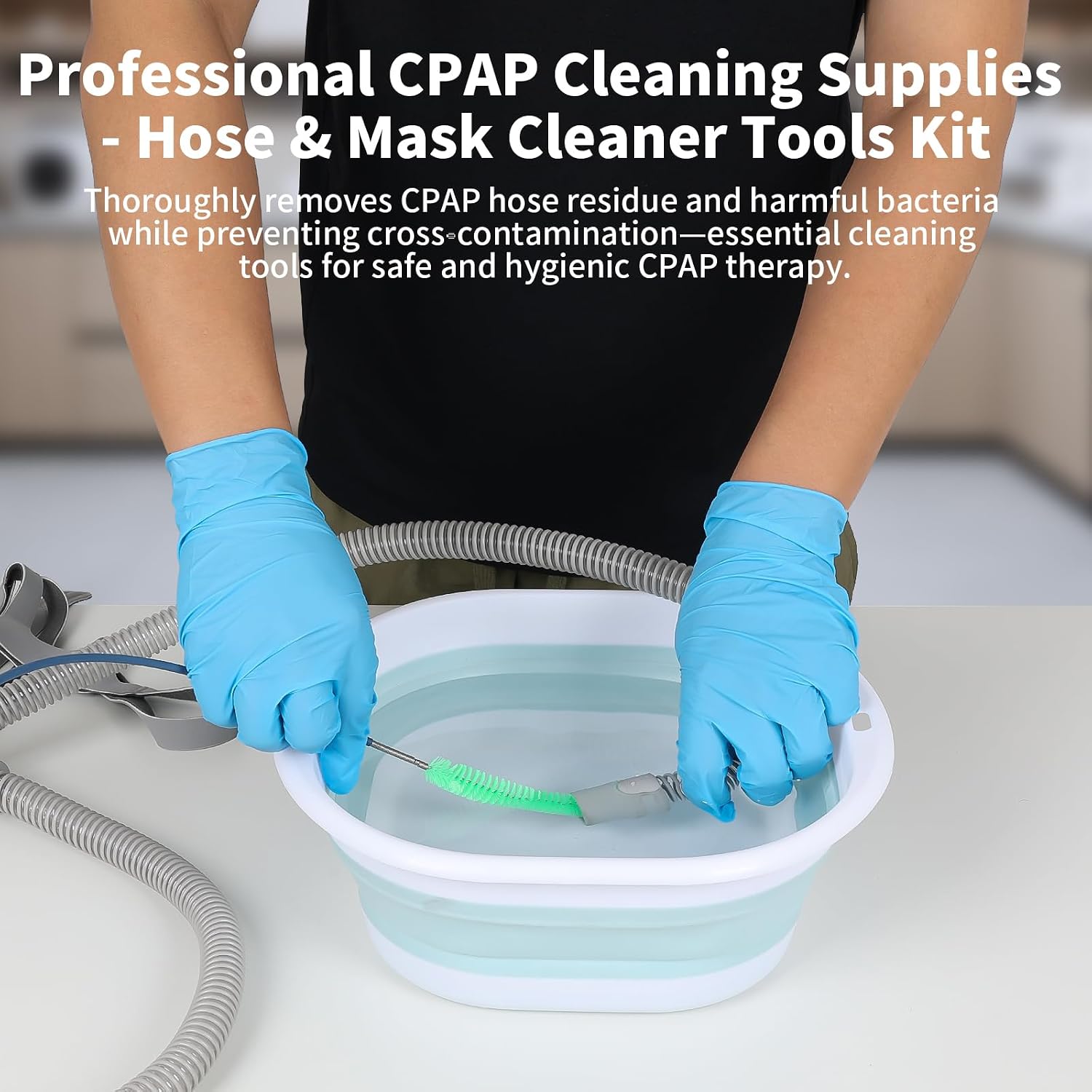 CPAP Cleaner Kit - Dedicated Basin & Flexible Tube Brush | CPAP cleaning kit: dedicated basin, long brush, drying hook