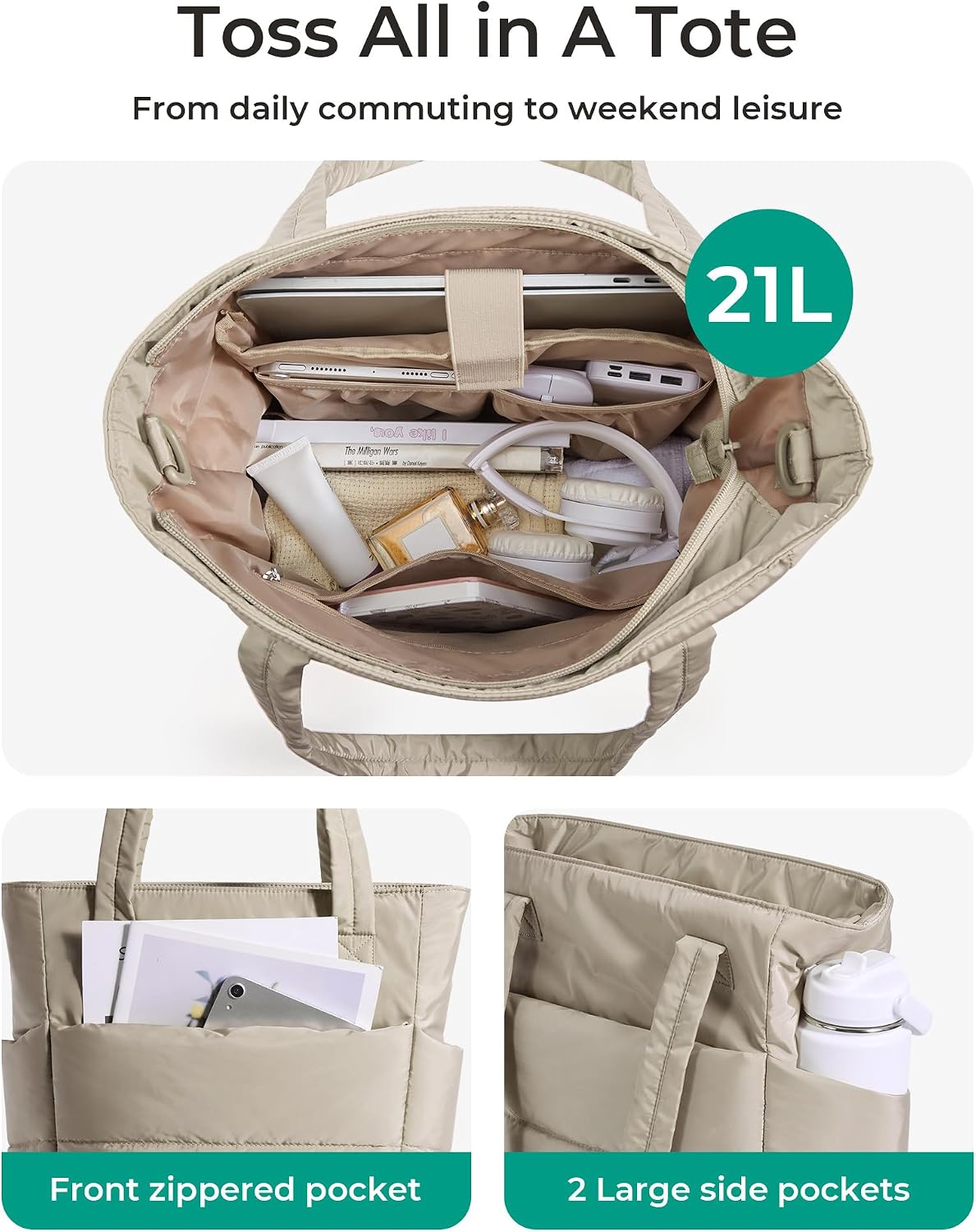 BAGSMART Tote Bag for Women, Lightweight Puffy Tote Bag with Compartments Shoulder Bag Handbag for Travel, Work, Gym | Lightweight