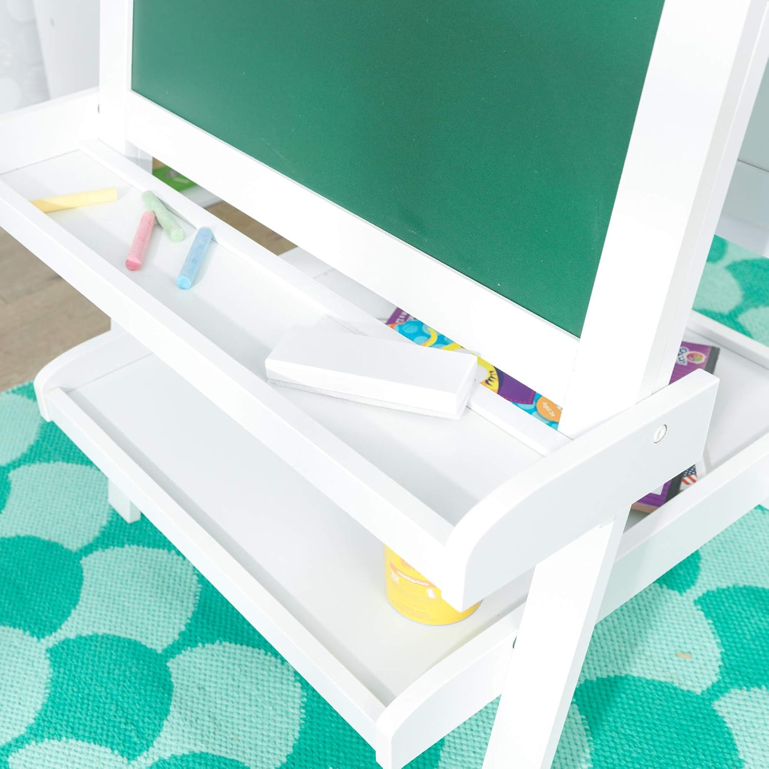 KidKraft Deluxe Wooden Easel with Chalkboard and Dry Erase Surfaces, Paper Roll and Paint Cups - White, Gift for Ages 3+