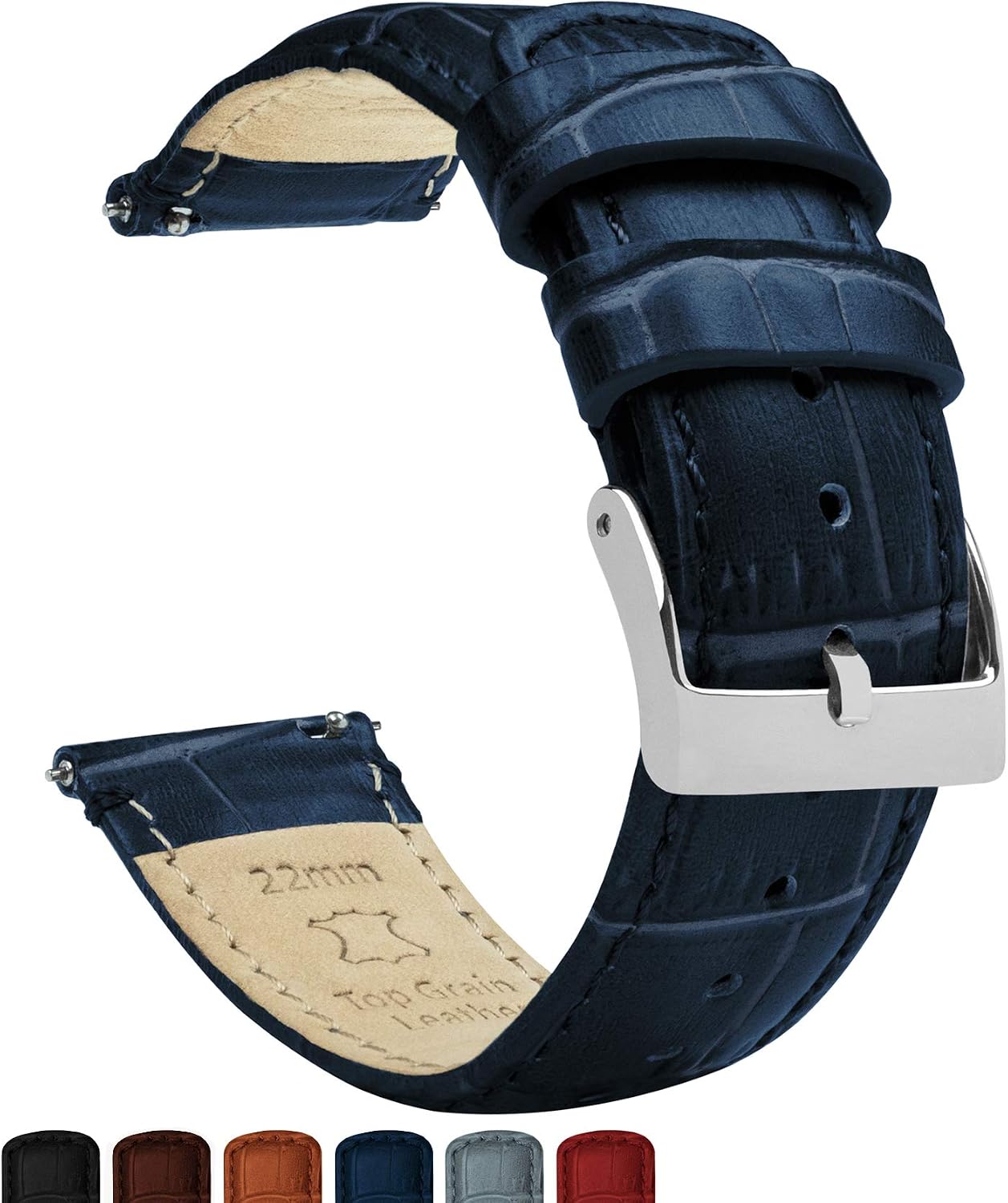 BARTON WATCH BANDS, 20mm Navy Blue - Long - Alligator Grain - Quick Release Leather Watch Bands