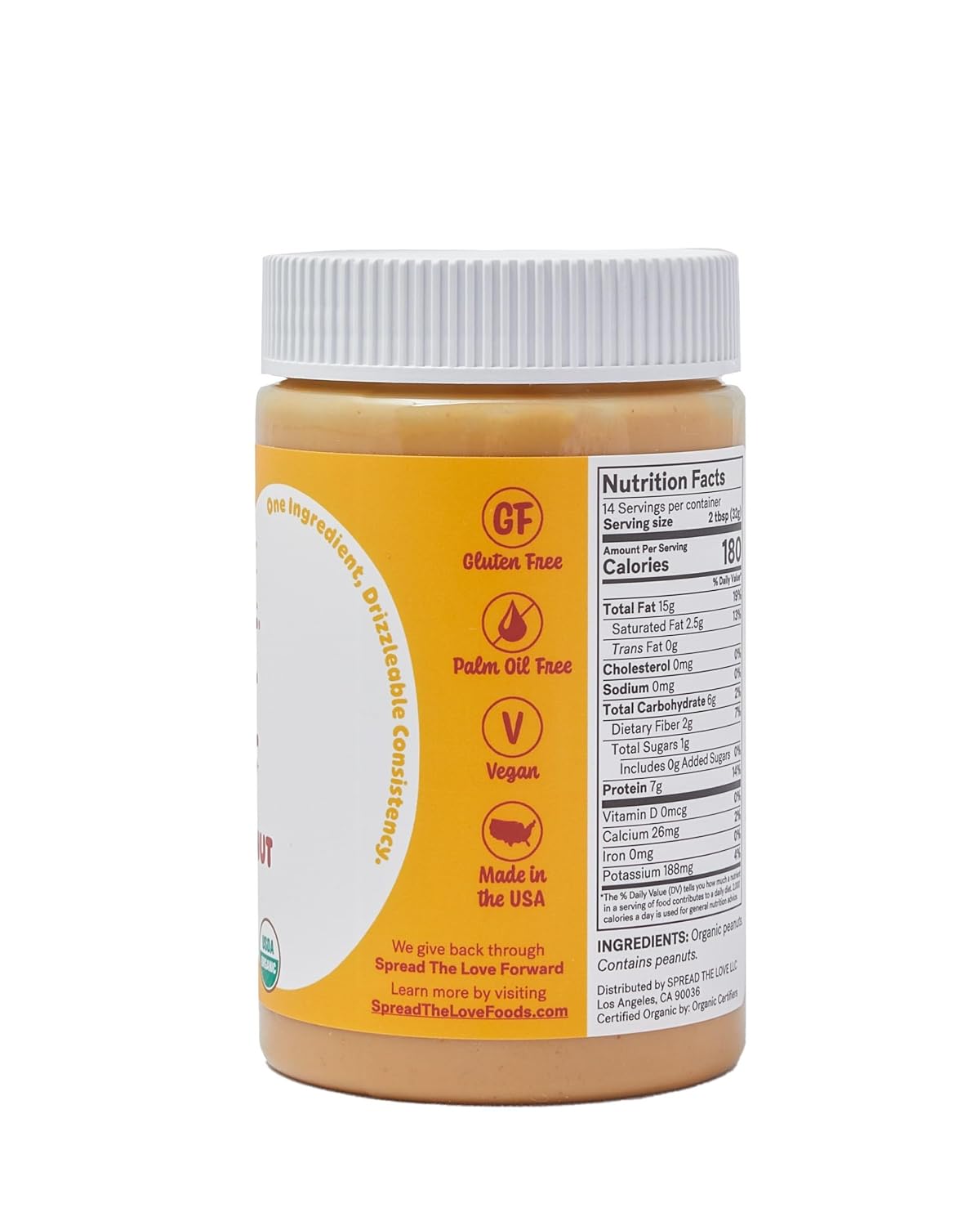 Spread The Love NAKED Organic Peanut Butter, 16 oz Jar, 1 Pack
