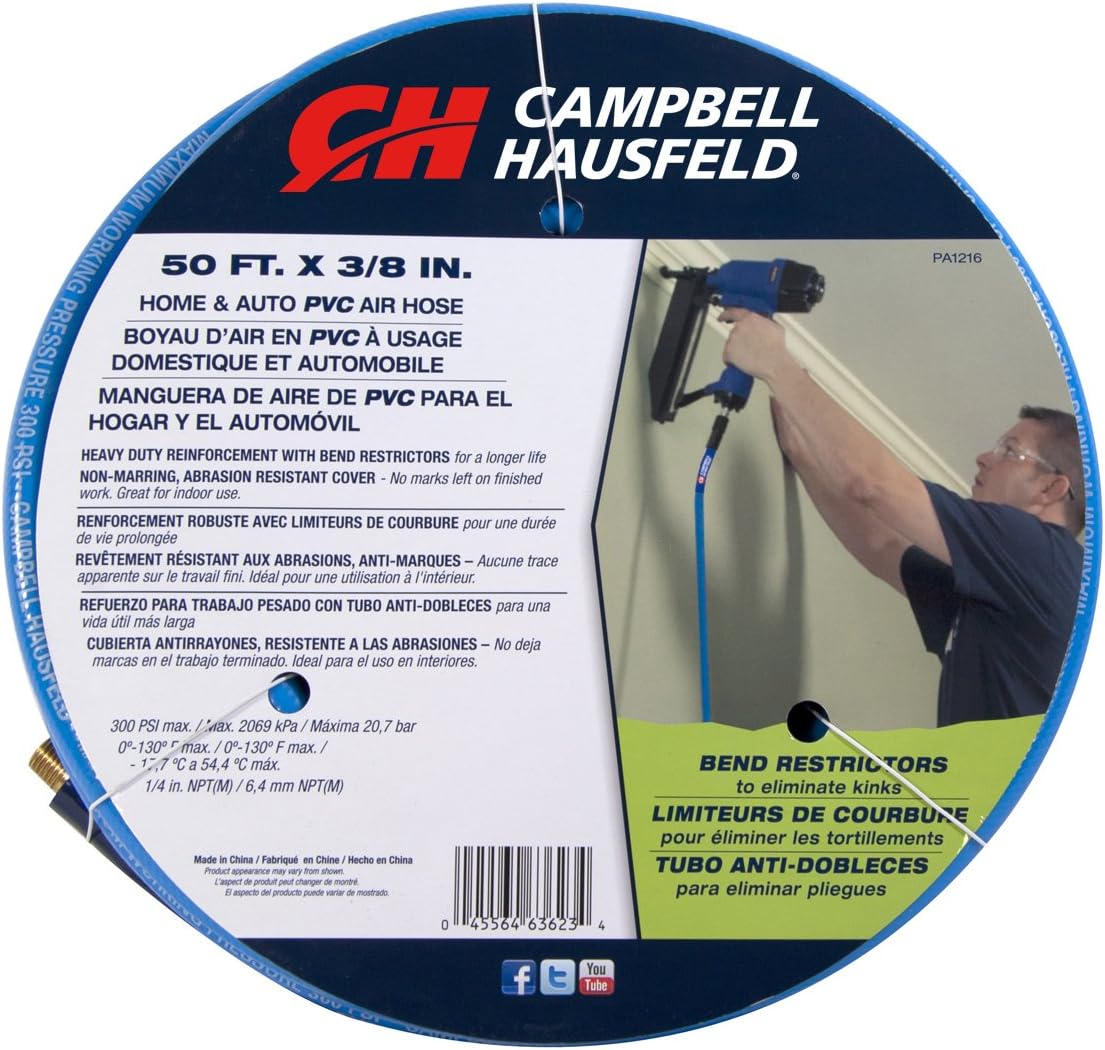Campbell Hausfeld 3/8" PVC 50 Foot Air Hose with Bend Restrictors (PA121600AV) , Blue