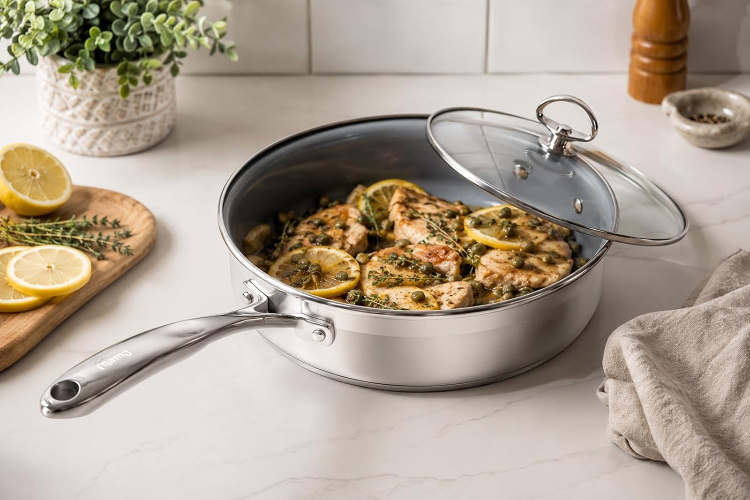 Chantal Induction 21 Steel 1 quart NonStick Saucepan with Tempered Glass Lid, Ceramic Non Stick, Brushed Stainless Steel