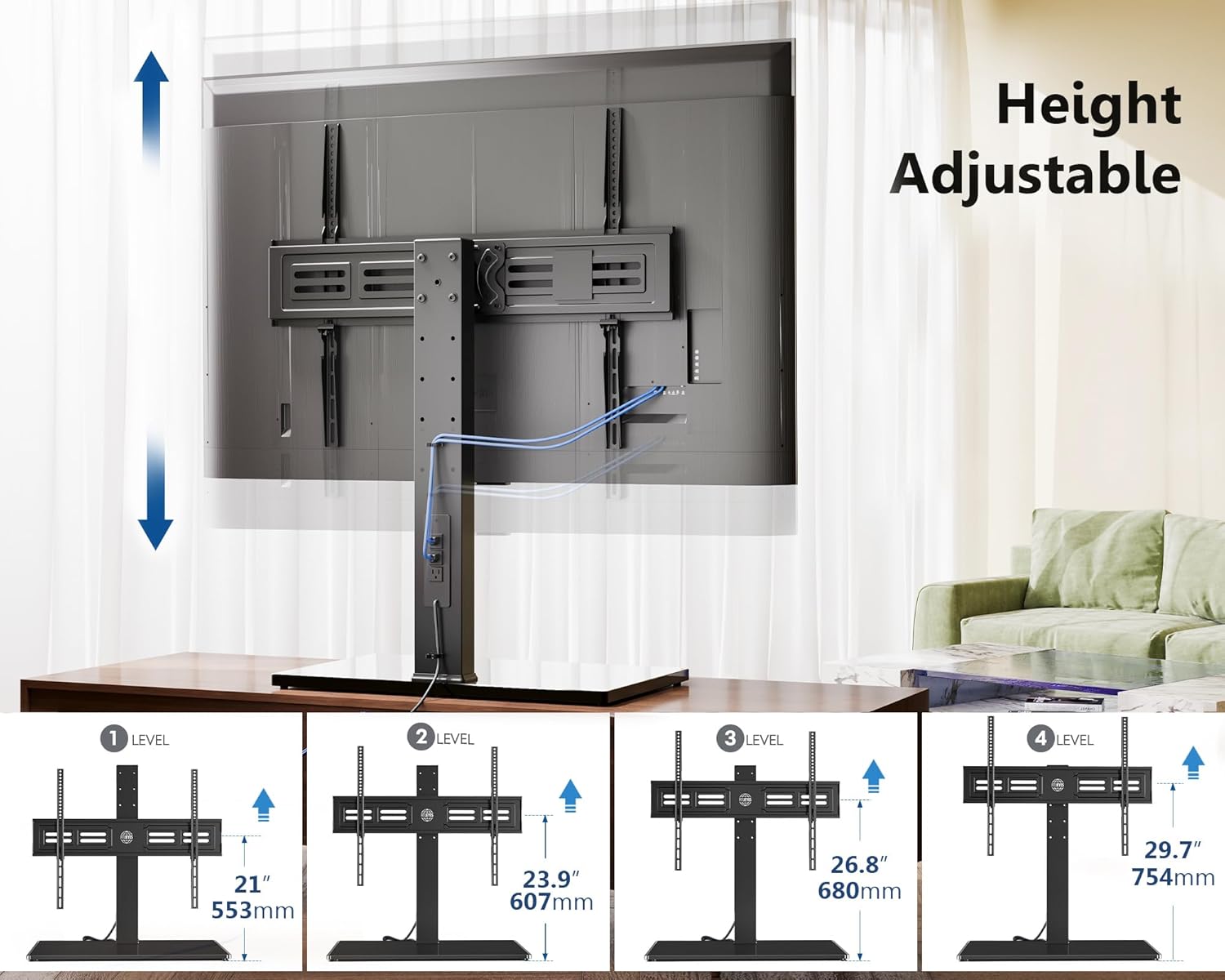 FITUEYES Universal TV Stand with Swivel Mount for 50-85 inch Flat Screens - Height Adjustable Tempered Glass Base Holds up to 143 lbs