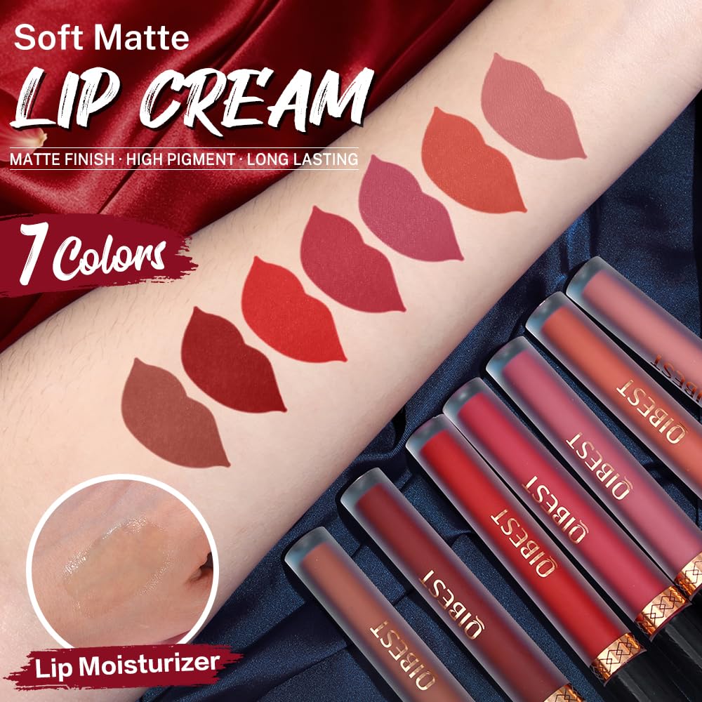 QiBest 7Pcs Matte Liquid Lipstick + 1Pcs Lip Plumper Makeup Set Kit, Pigmented Long Lasting Lip Gloss Set