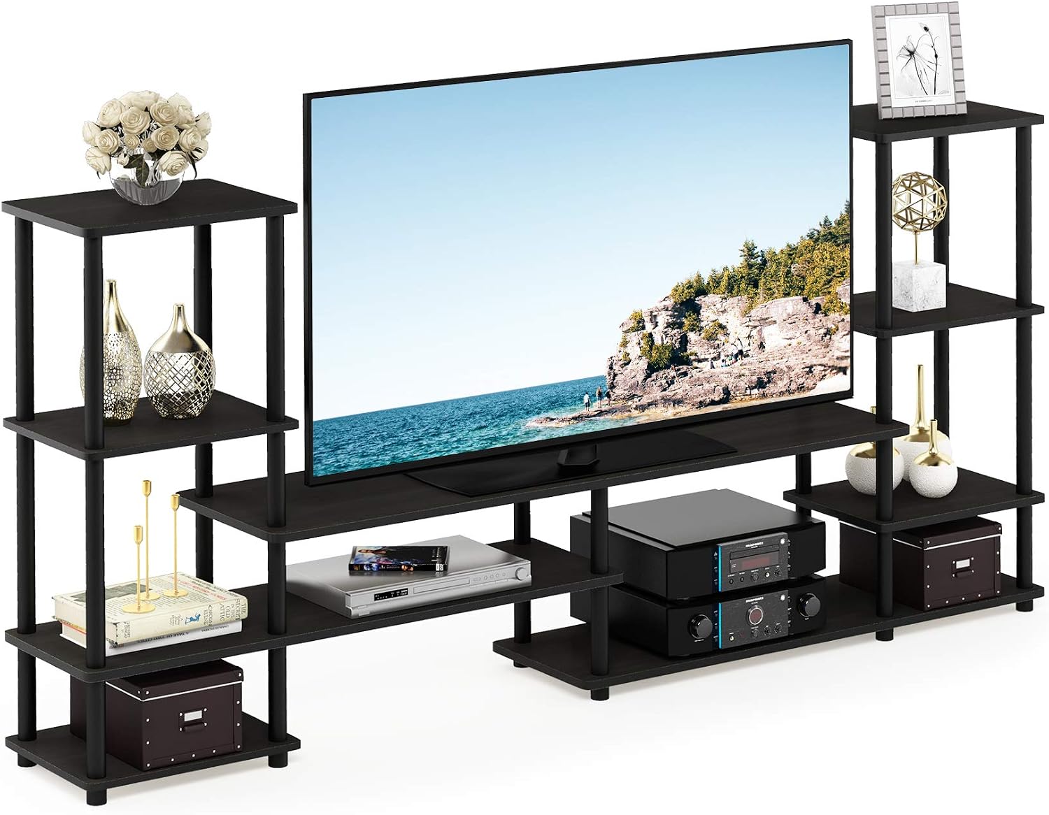 Furinno Nelly TV Stand, 3-Tier Entertainment Center with Open Shelves Storage, TV Console for TV up to 55 Inch, Soft Edges, for Living Room, Bedroom, Black