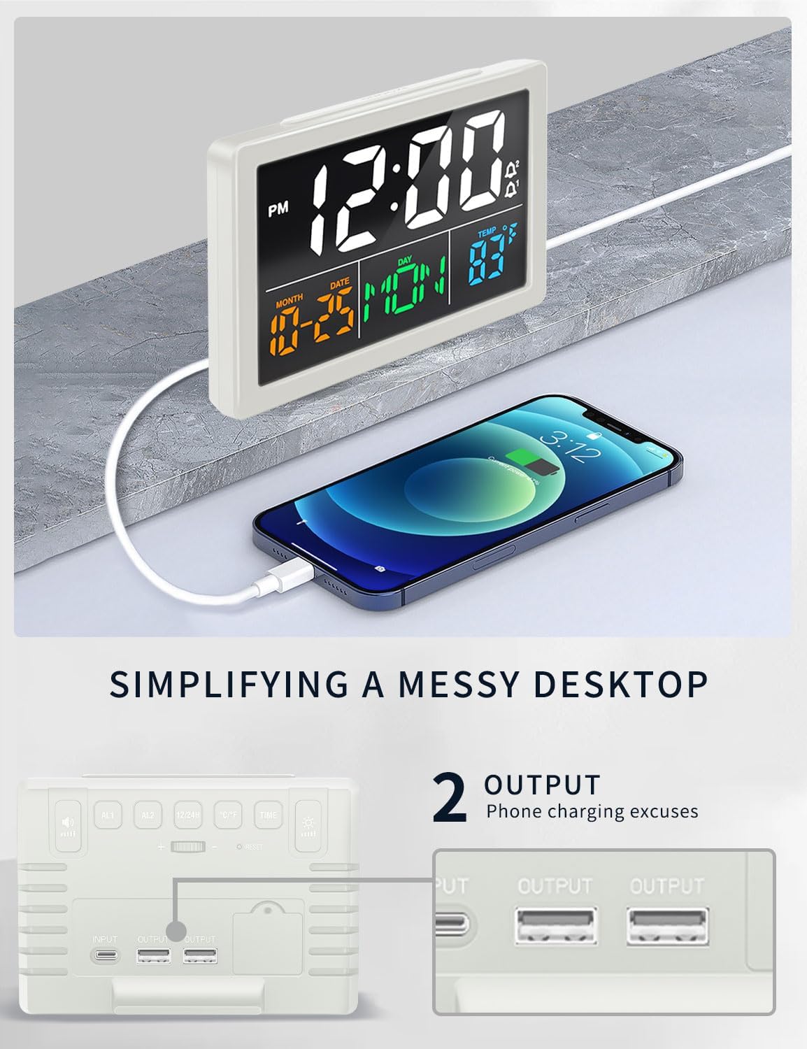 JALL Digital Clock with Date Day for Seniors, Electric Alarm Clocks for Bedrooms with Temperature, 2 Alarms, Dimmer, Dual USB Charger, Battery Backup